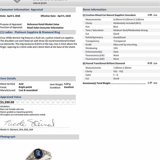 An NAGL cushion sapphire and diamonds platinum Art Deco ring appraisal.