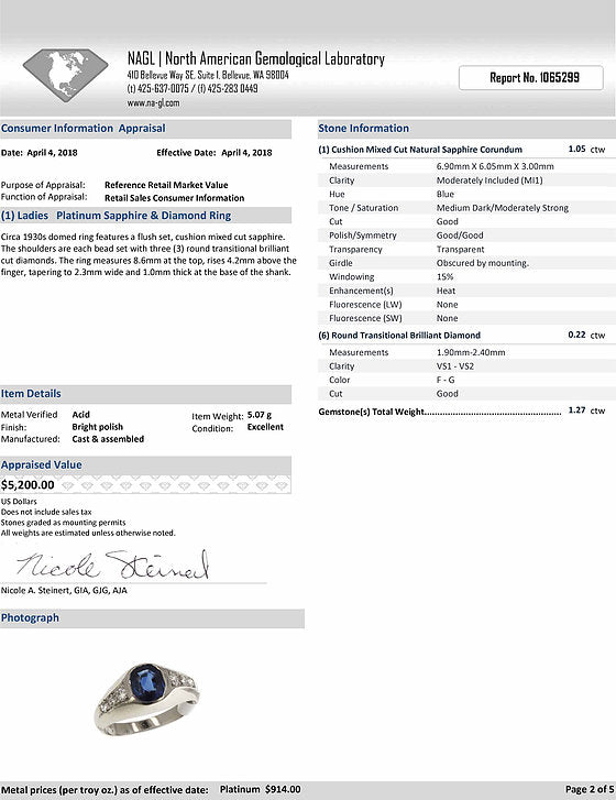 An NAGL cushion sapphire and diamonds platinum Art Deco ring appraisal.