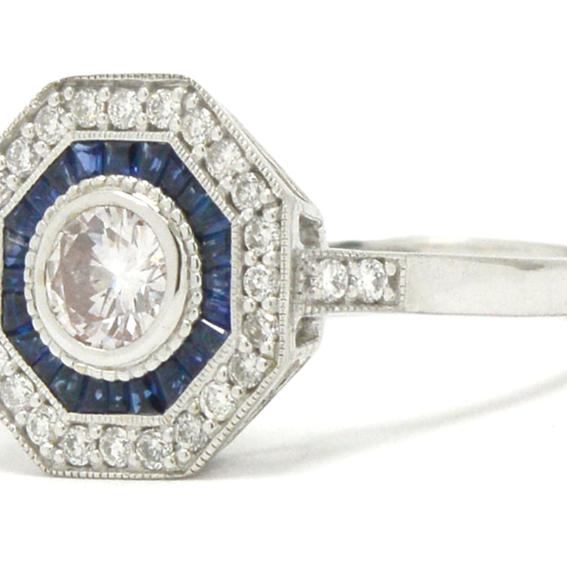 A round brilliant diamond, Art Deco revival octagon engagement ring.