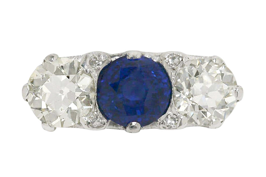 1920s antique blue sapphire diamond 3 stone engagement ring.