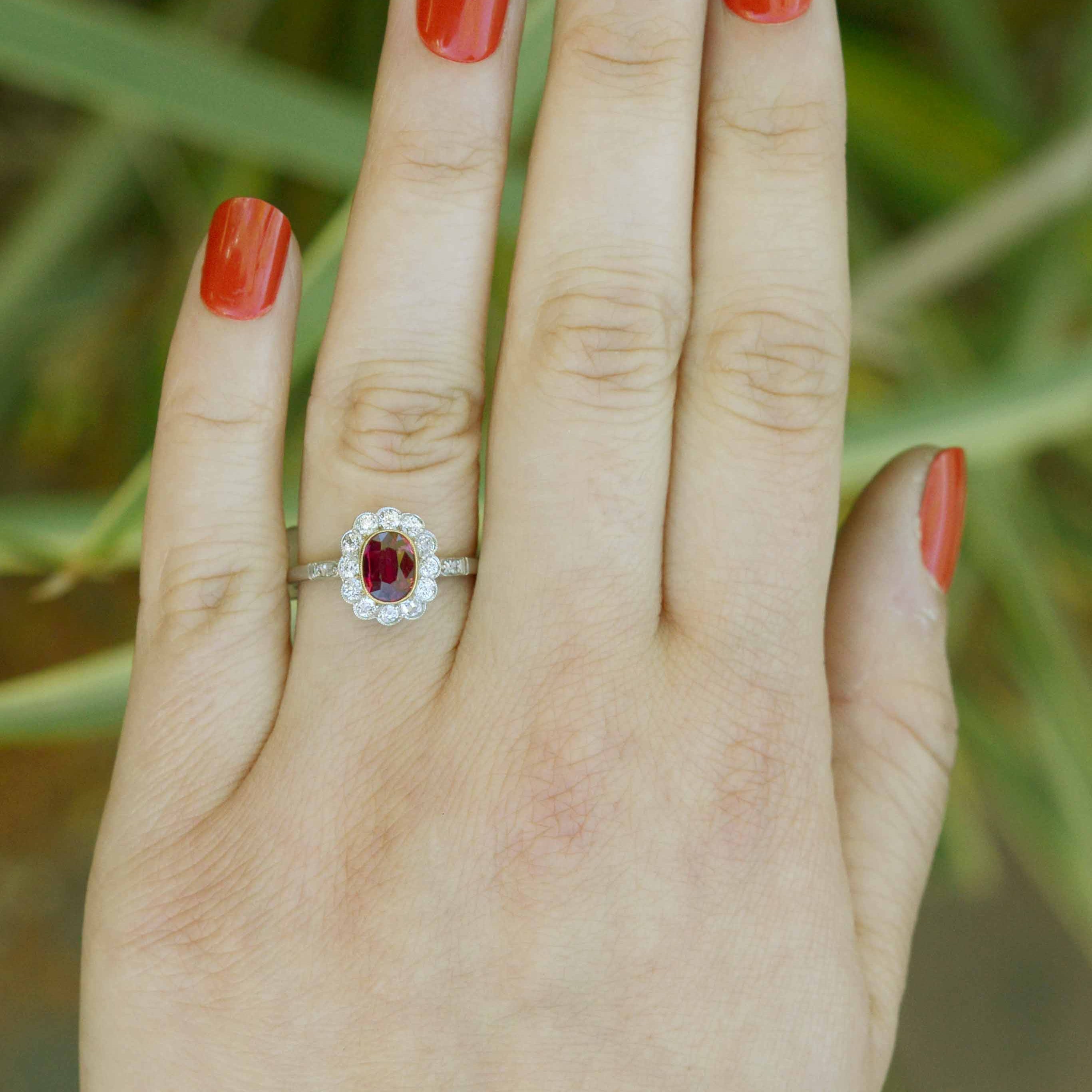 Platinum Antique Ruby Diamond Halo Engagement Ring