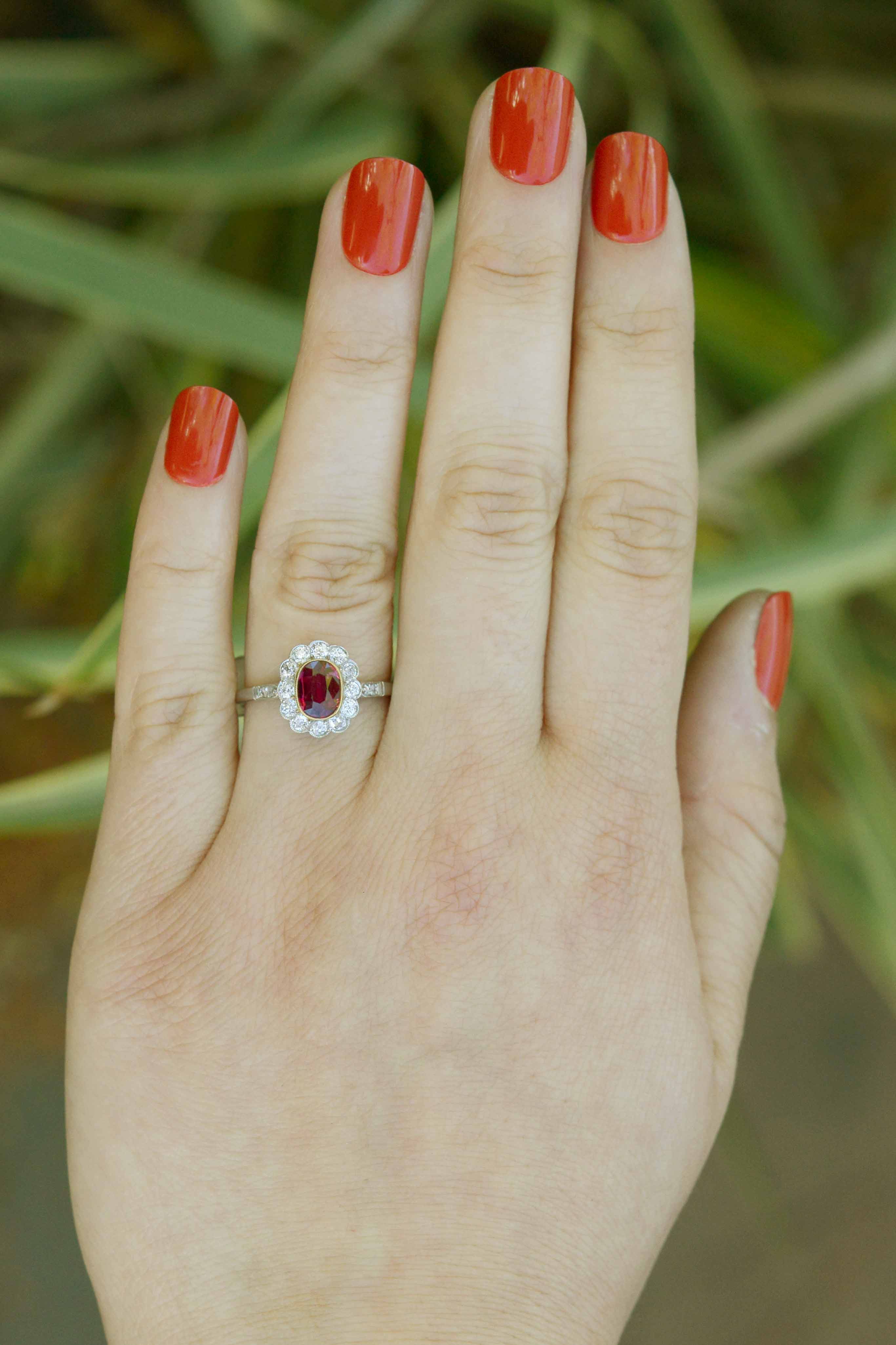Platinum Antique Ruby Diamond Halo Engagement Ring