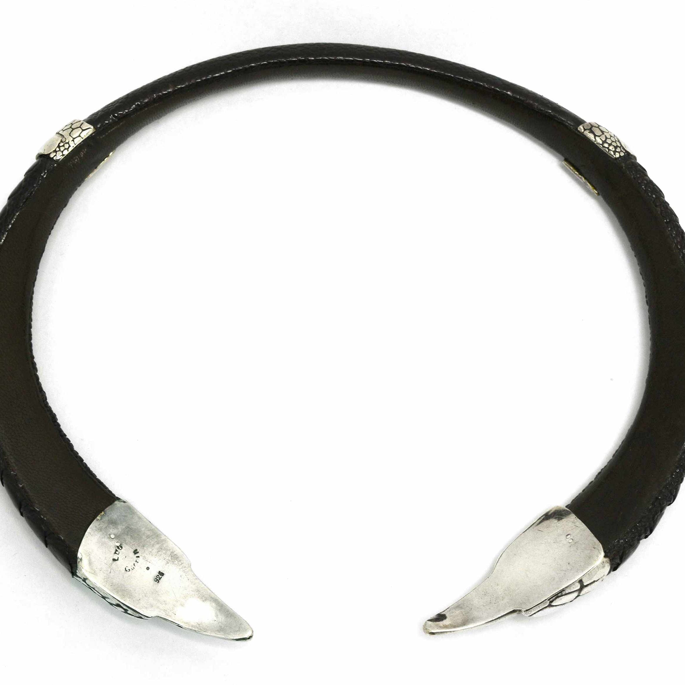 A new, handmade sterling silver and black leather statement necklace.