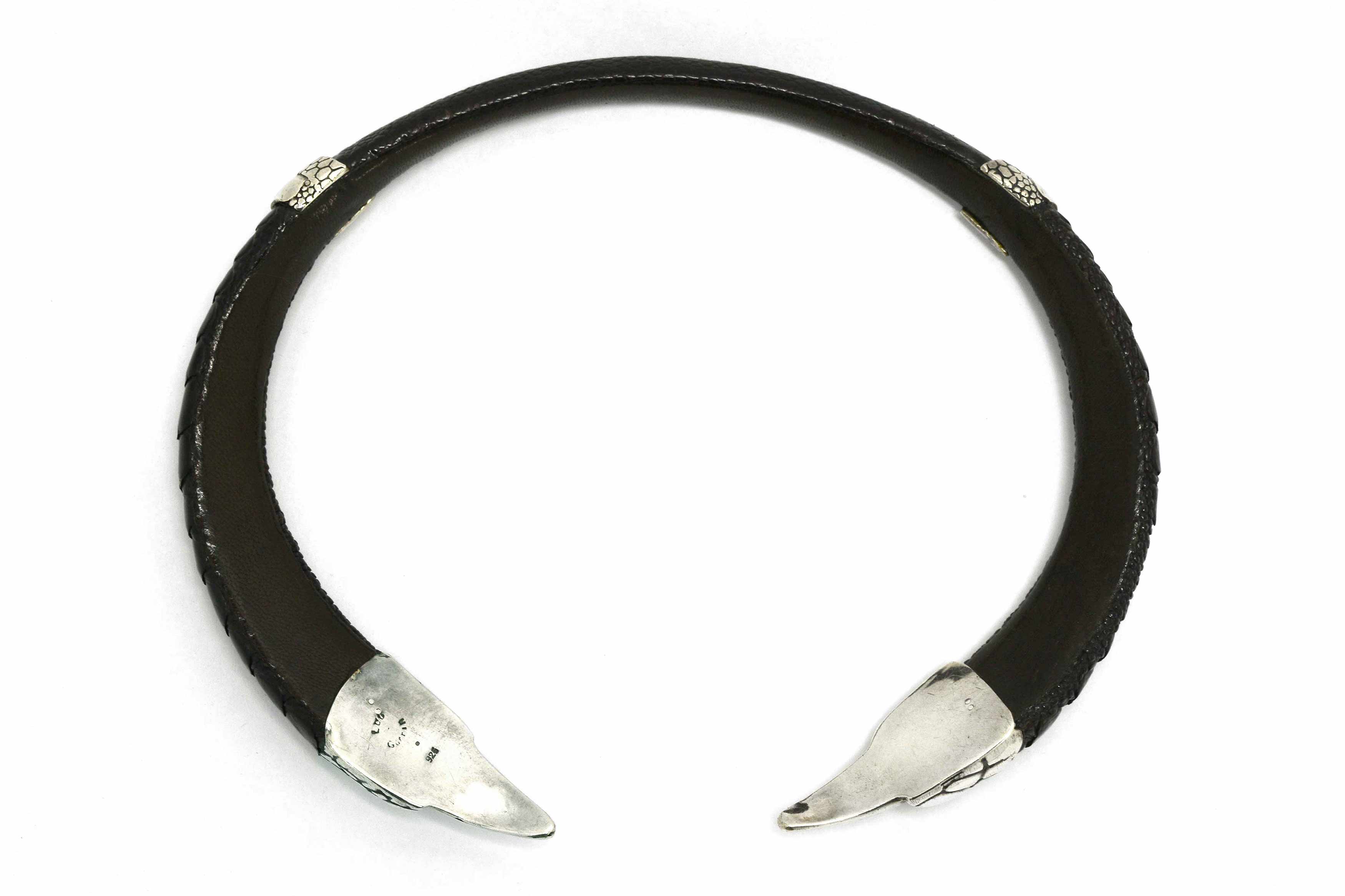 A new, handmade sterling silver and black leather statement necklace.