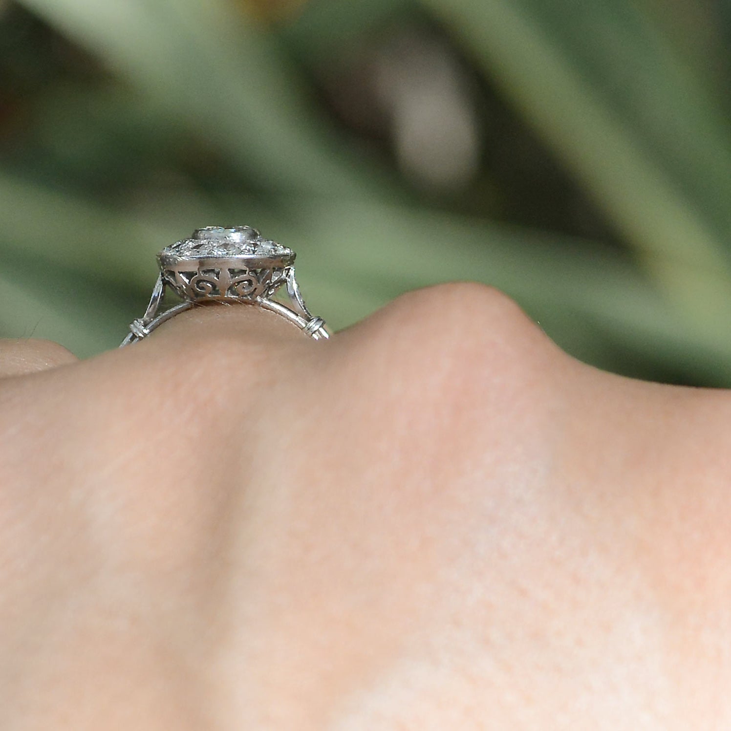 Art Deco Round Bezel Diamond Platinum Cluster Engagement Ring