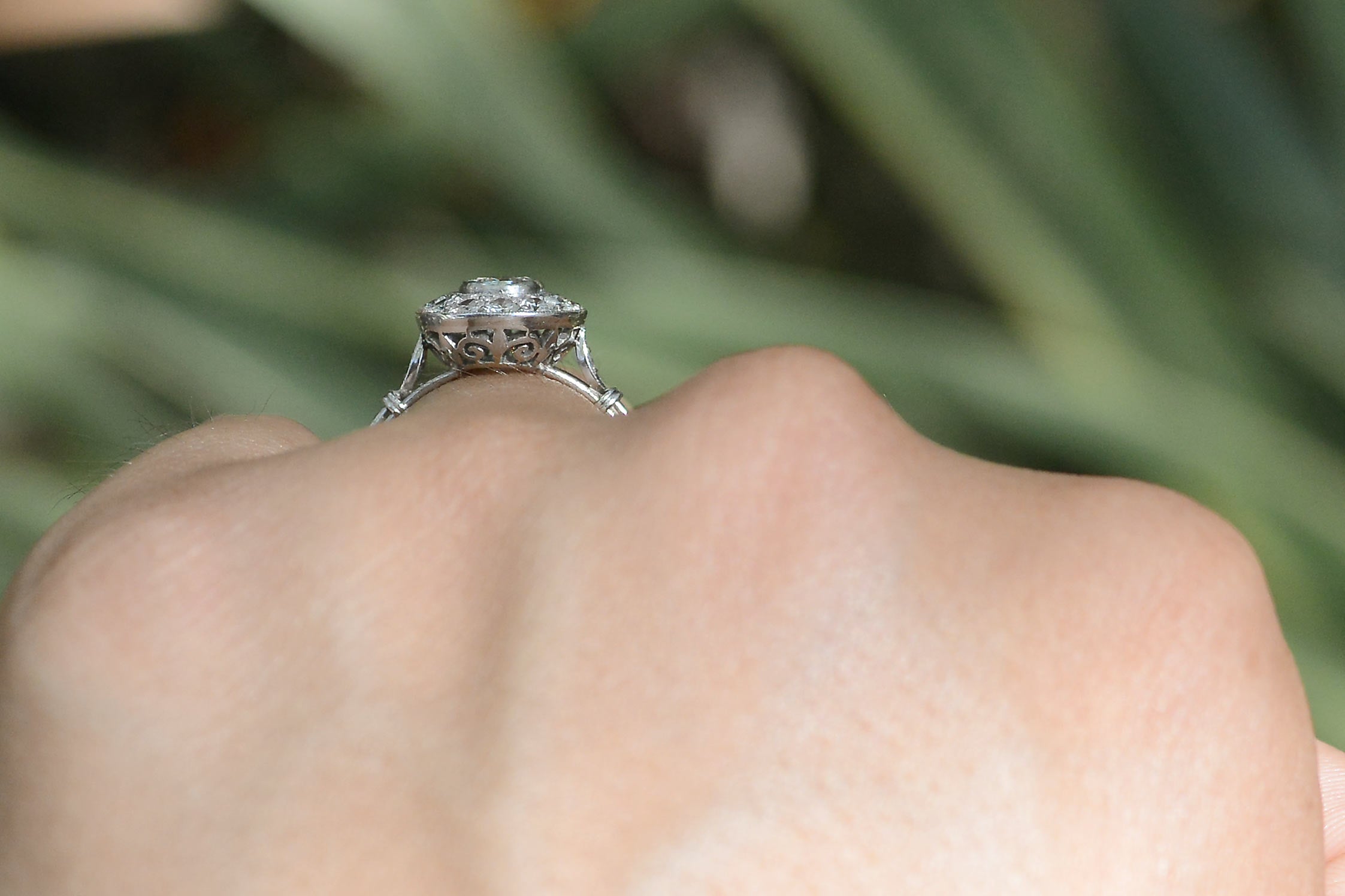 Art Deco Round Bezel Diamond Platinum Cluster Engagement Ring