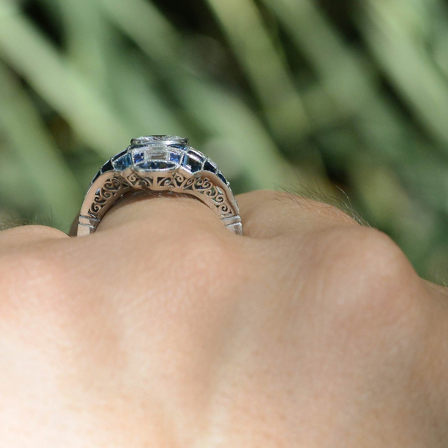 Art Deco Style Sapphire Diamond Dome Engagement Ring