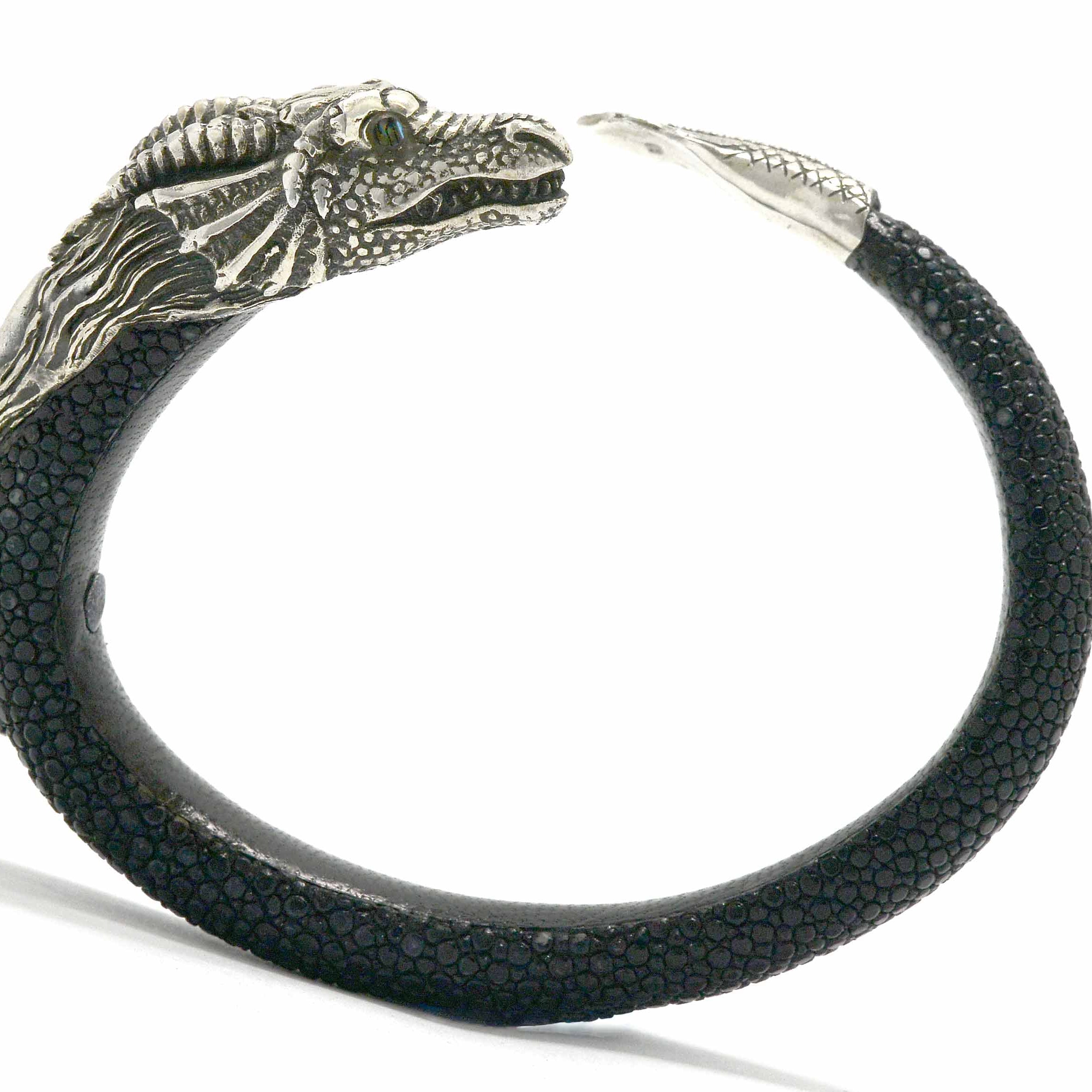 A medieval revival, sterling silver and leather dragon bracelet.