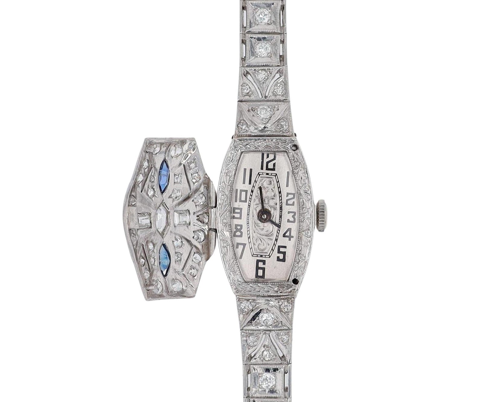Ladies Art Deco Cocktail Diamond Sapphire Platinum Secret Watch
