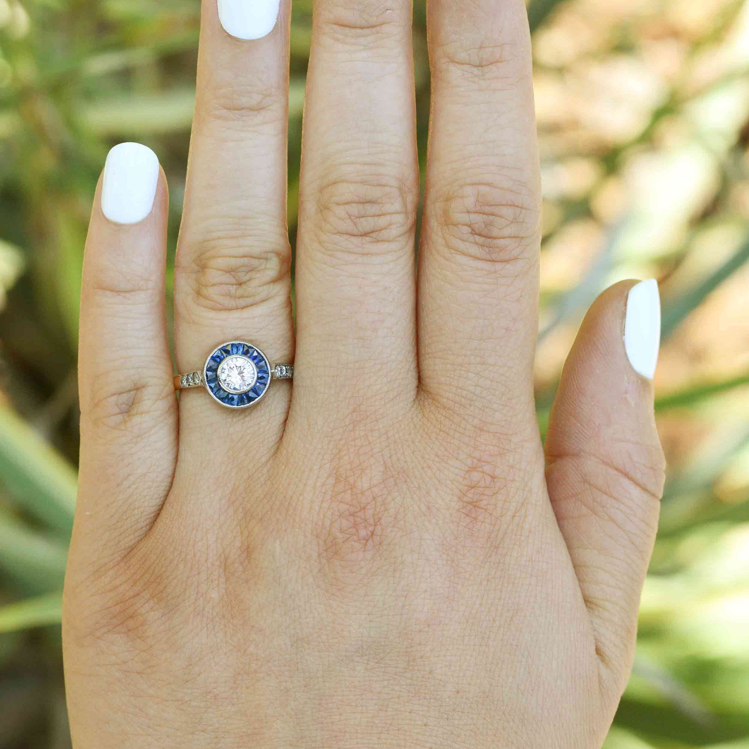 Art Deco Diamond Sapphire Target Engagement Ring