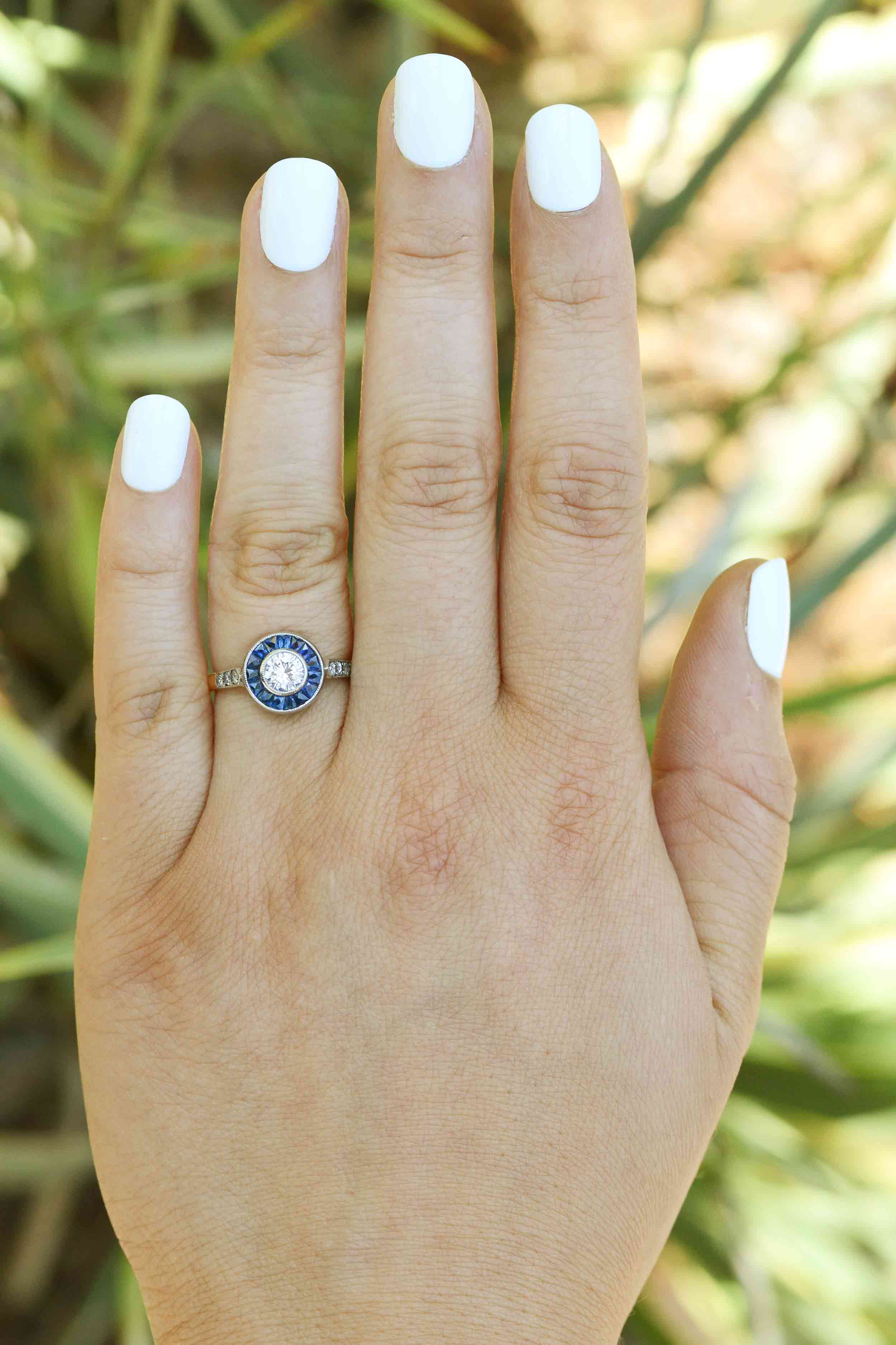 Art Deco Diamond Sapphire Target Engagement Ring