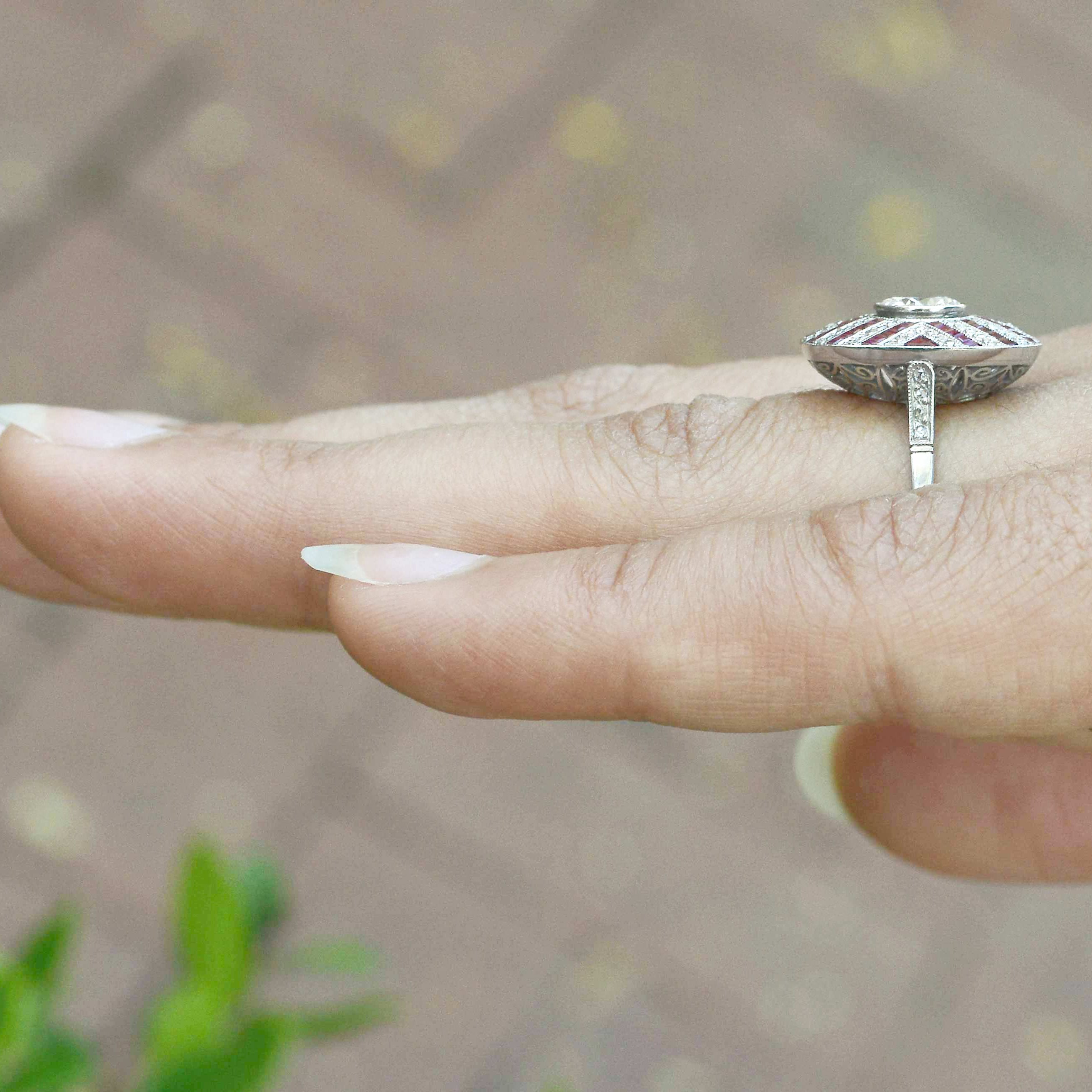 An Art Deco style engagment ring with old world antique diamonds.