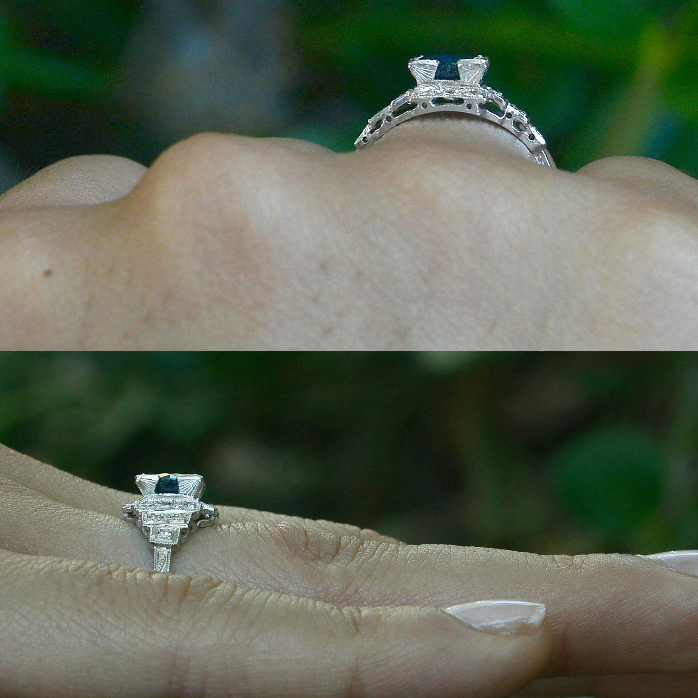 Low profile sapphire antique Art Deco engagement ring.