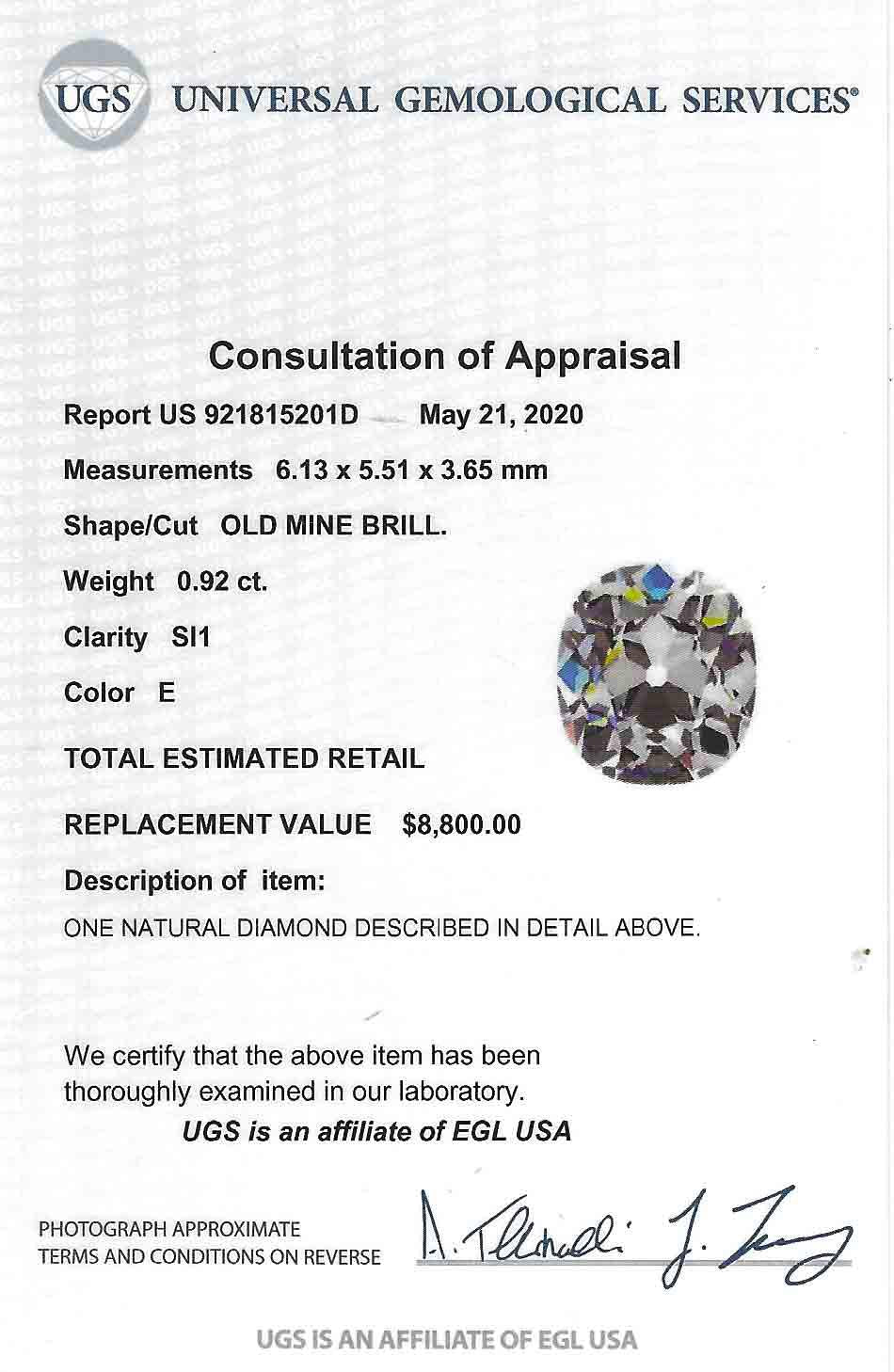 A consultation of appraisal by ugs gemological services.