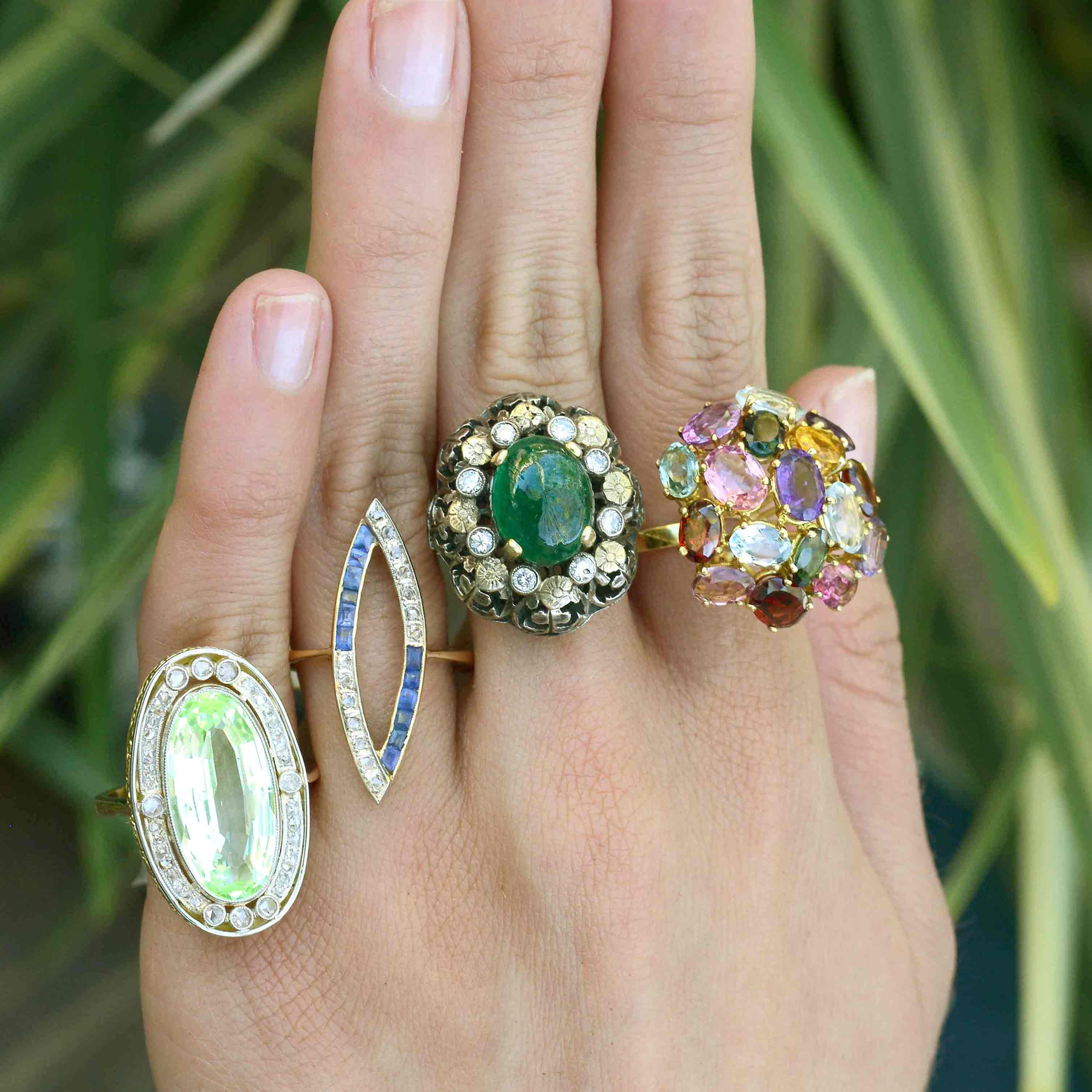 Unique gemstone and diamond cocktail rings.