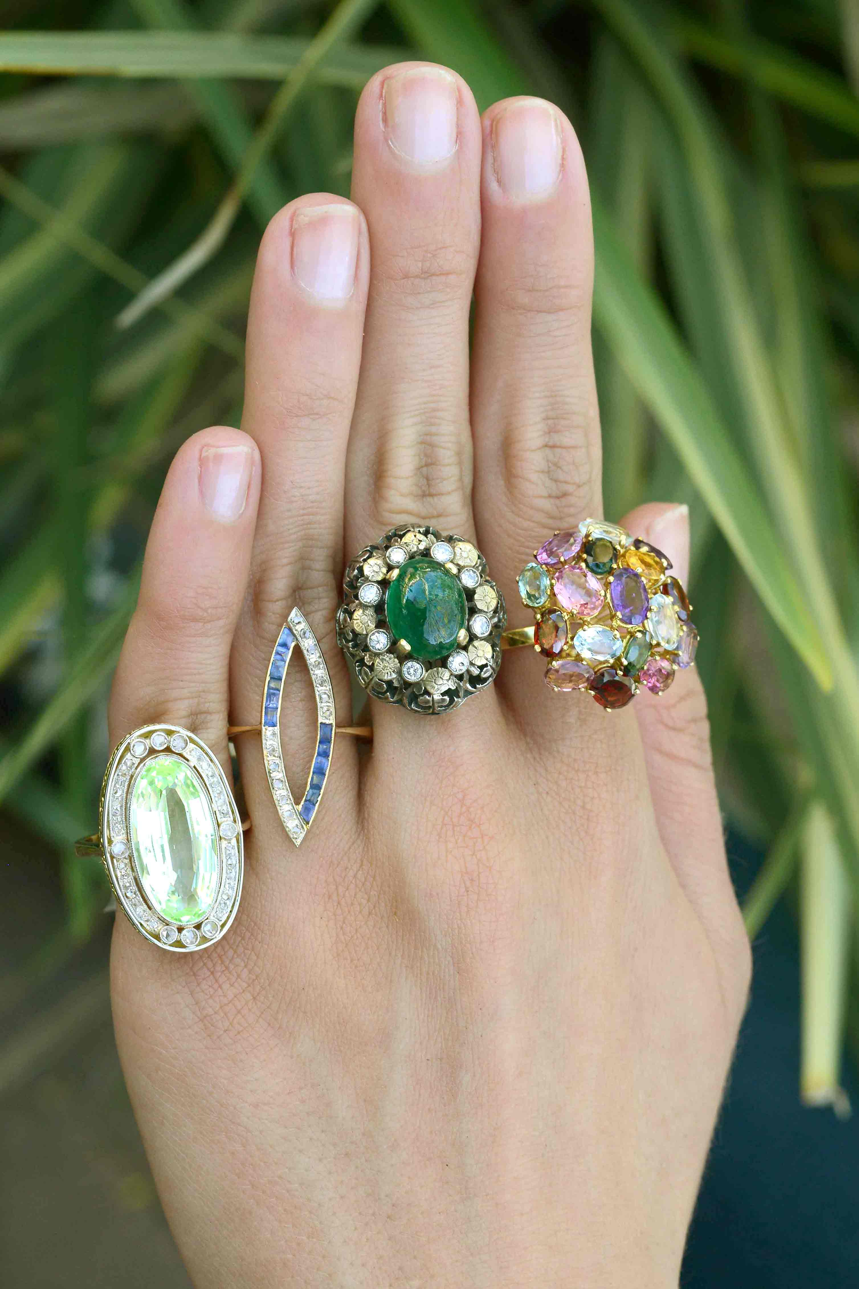 Unique gemstone and diamond cocktail rings.
