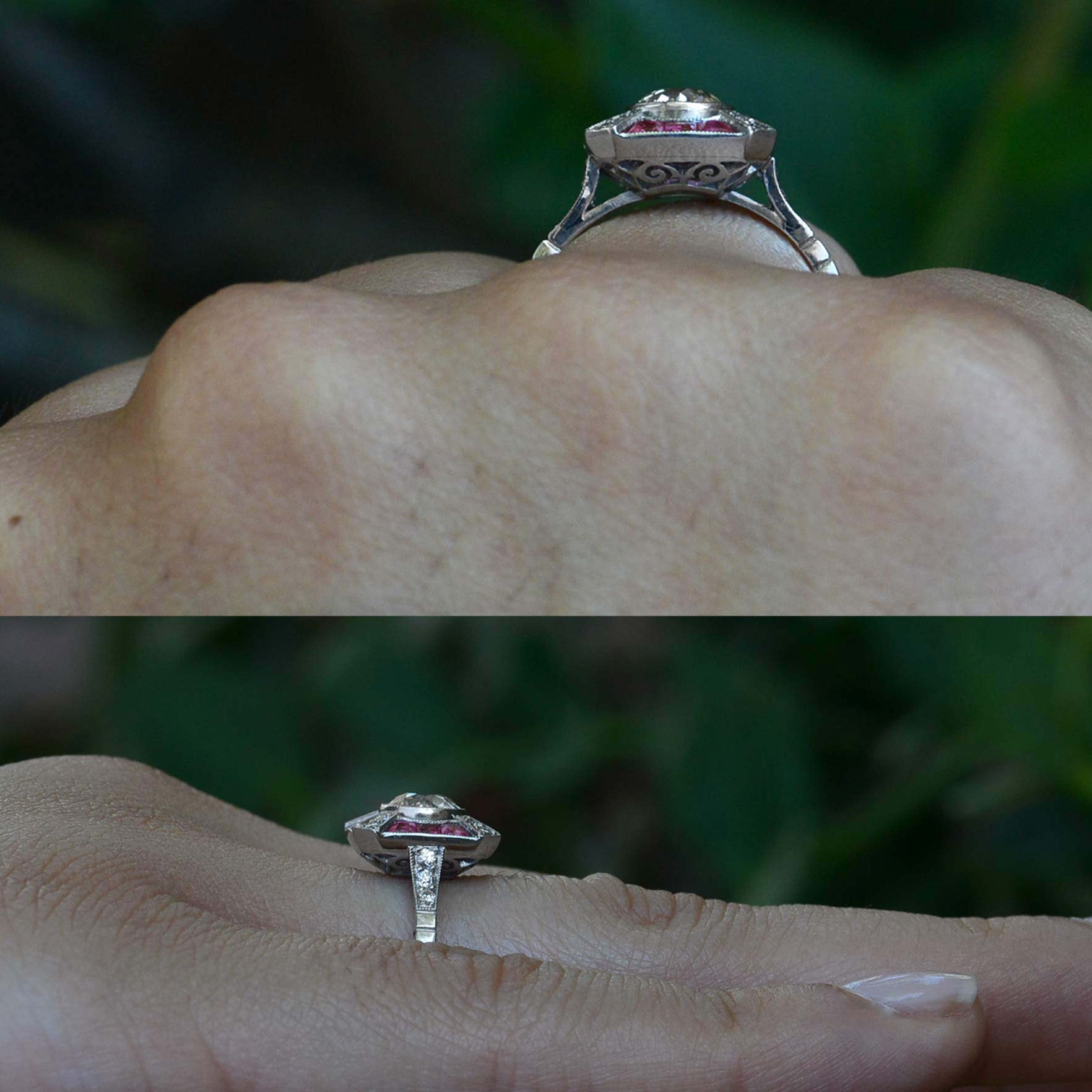 Square filigree scrolling design underneath this platinum ring.