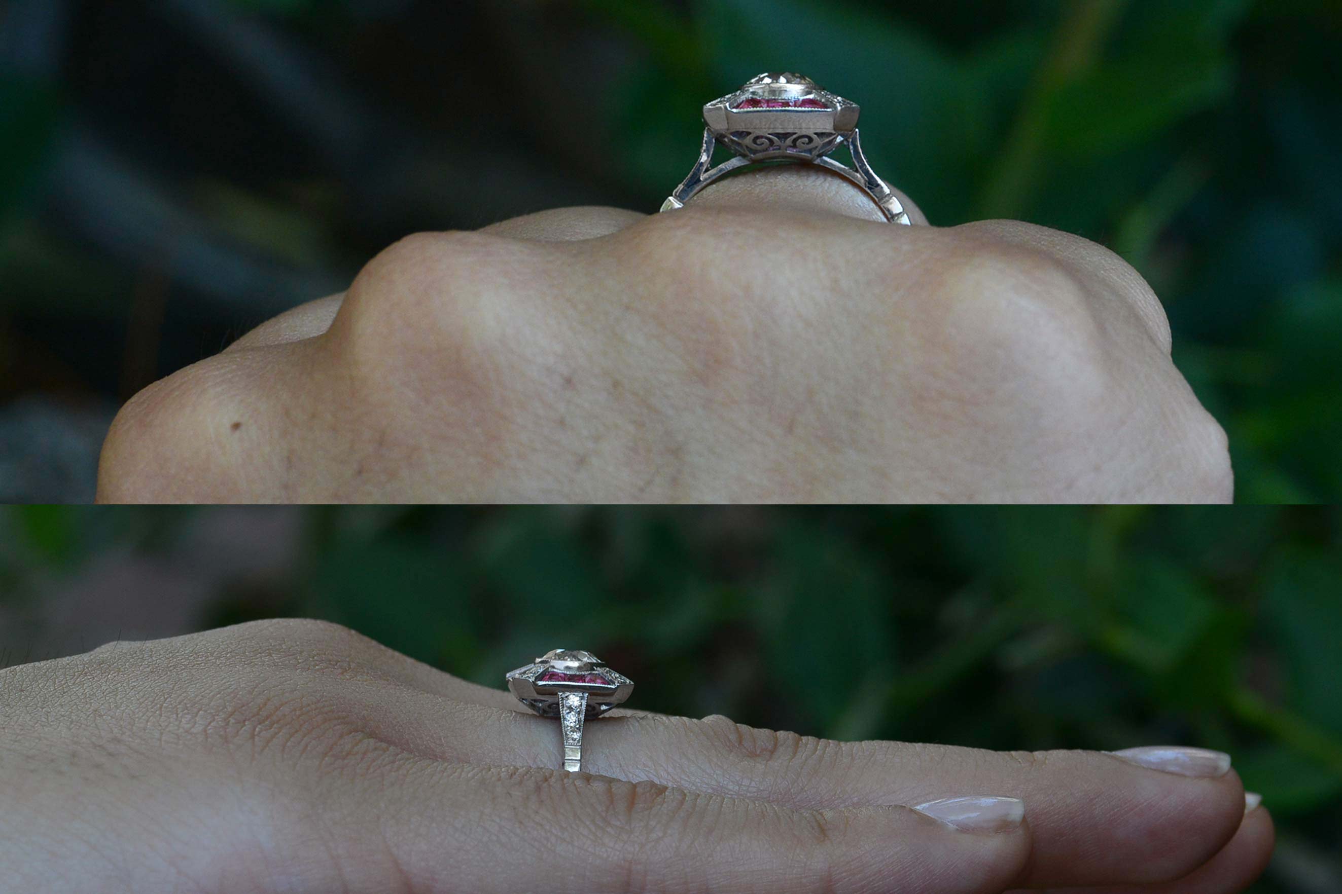 Square filigree scrolling design underneath this platinum ring.