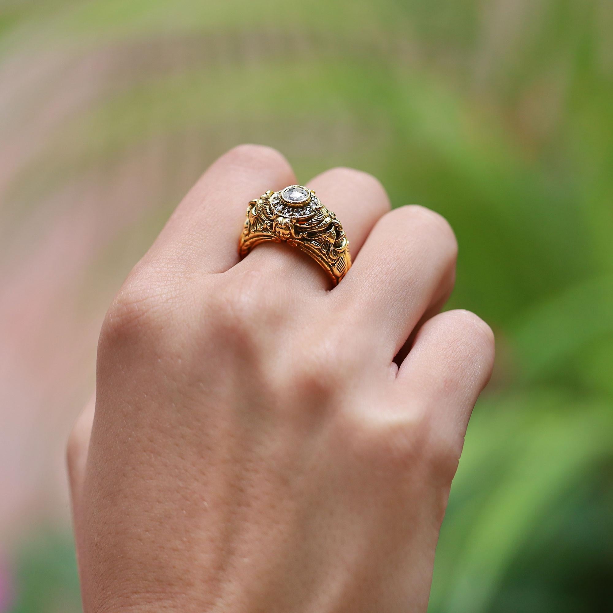 Victorian Mythological God Pan Rose Cut Diamond 18 Karat Gold Ring