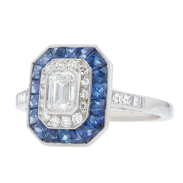 1/2 Carat Emerald Cut Diamond Art Deco Style Sapphire Halo Engagement Ring