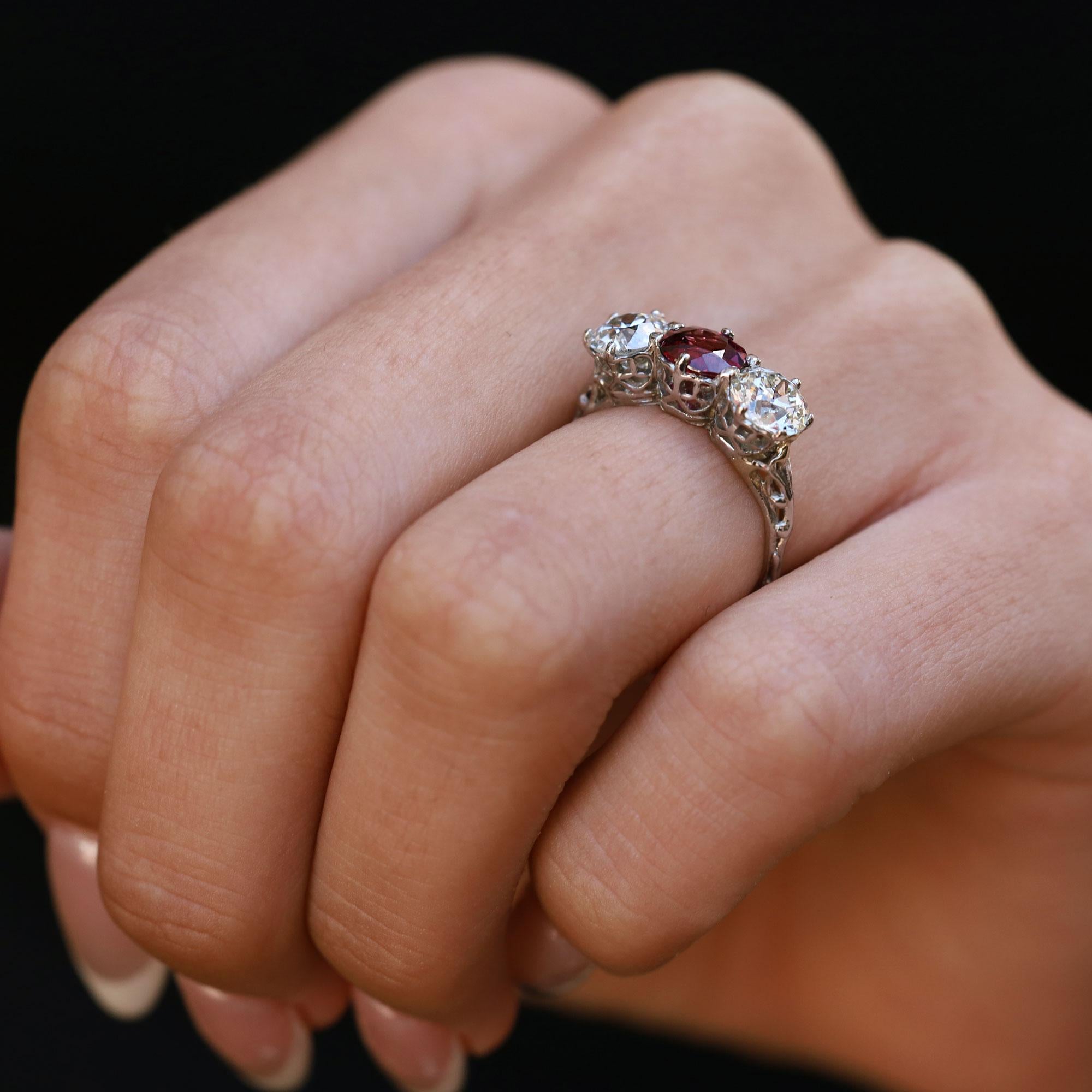 Edwardian Ruby and Diamond 3-Stone Antique Engagement Ring