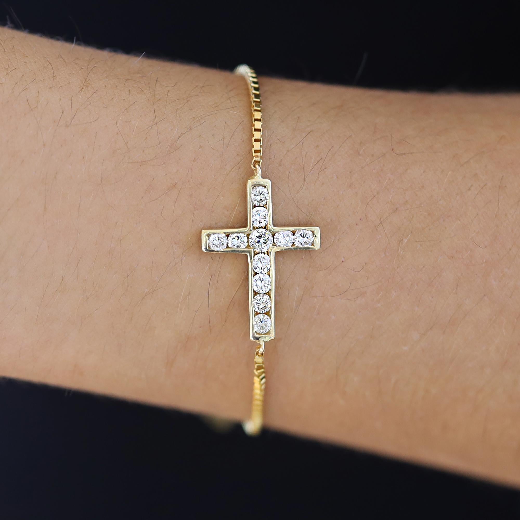Vintage 1990s 3/4 Carat Diamond 14k Gold Cross Bracelet
