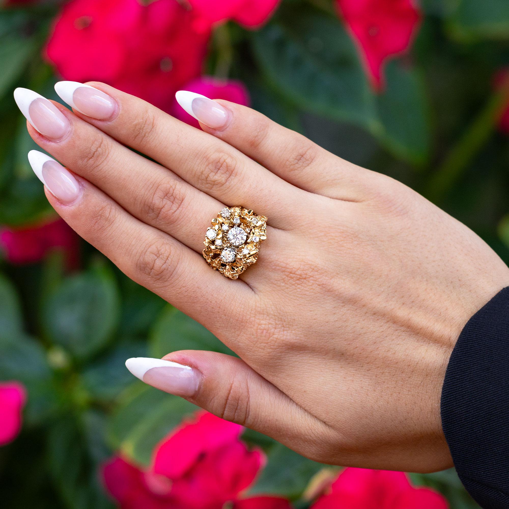 Vintage Brutalist 1 Carat TW Diamond & 14k Yellow Gold Nugget Ring