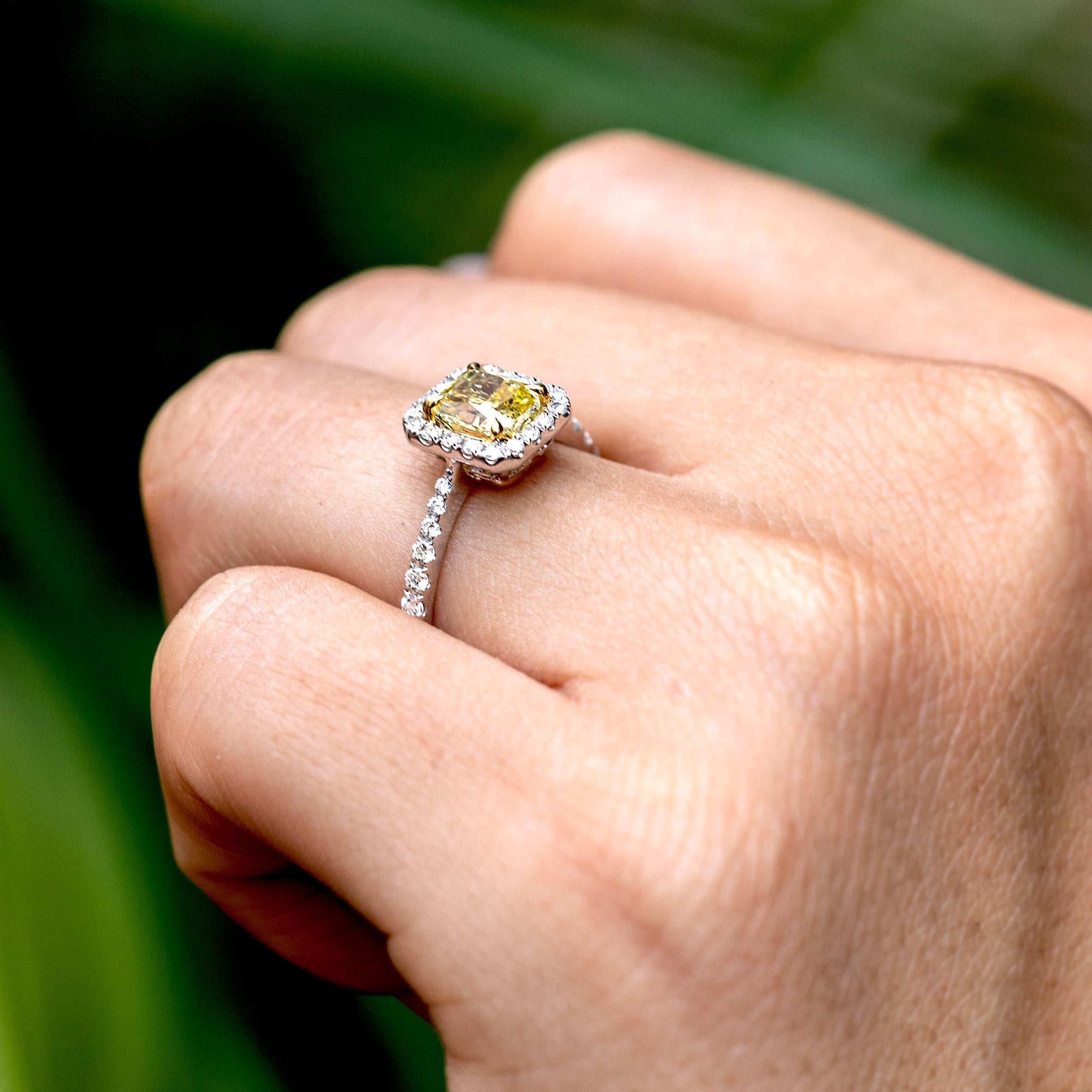 1.02 Carat Radiant Cut Fancy Intense Yellow Diamond Engagement Ring