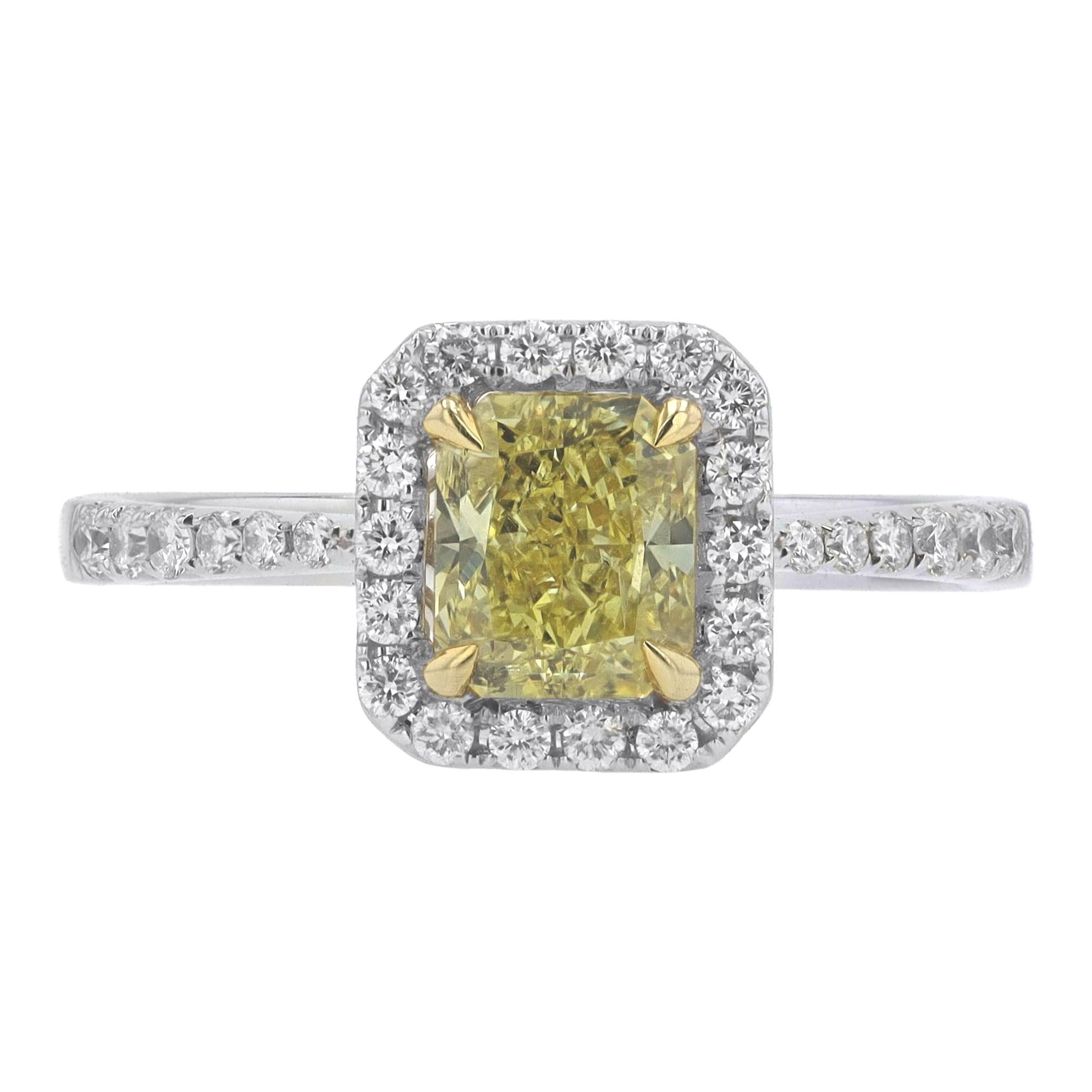 1.02 Carat Radiant Cut Fancy Intense Yellow Diamond Engagement Ring