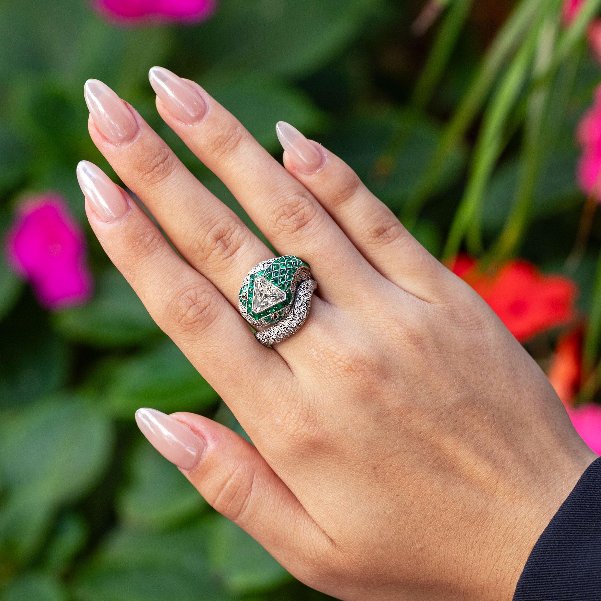 Art Deco Style Antique Triangular Step Cut & Emerald Snake Cocktail Ring