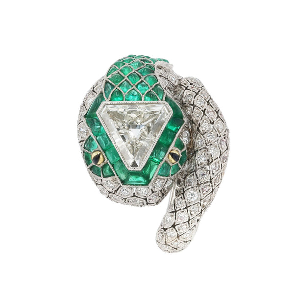 Art Deco Style Antique Triangular Step Cut & Emerald Snake Cocktail Ring