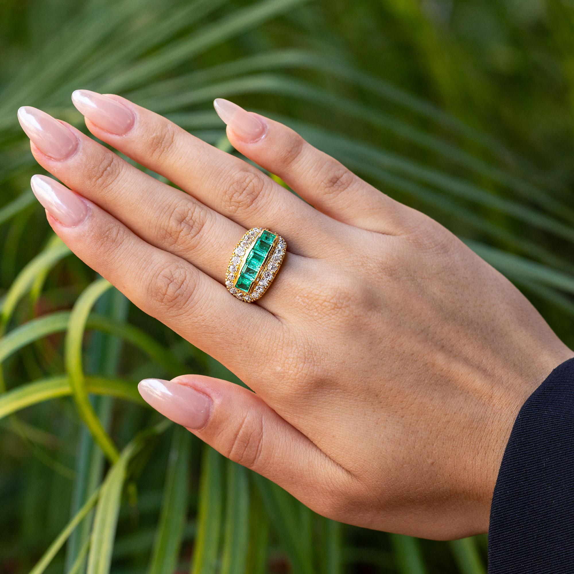 Retro Colombian Emerald and Diamond 18k Yellow Gold Wide Band Ring