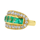 Retro Colombian Emerald and Diamond 18k Yellow Gold Wide Band Ring