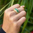 Retro Colombian Emerald and Diamond 18k Yellow Gold Wide Band Ring