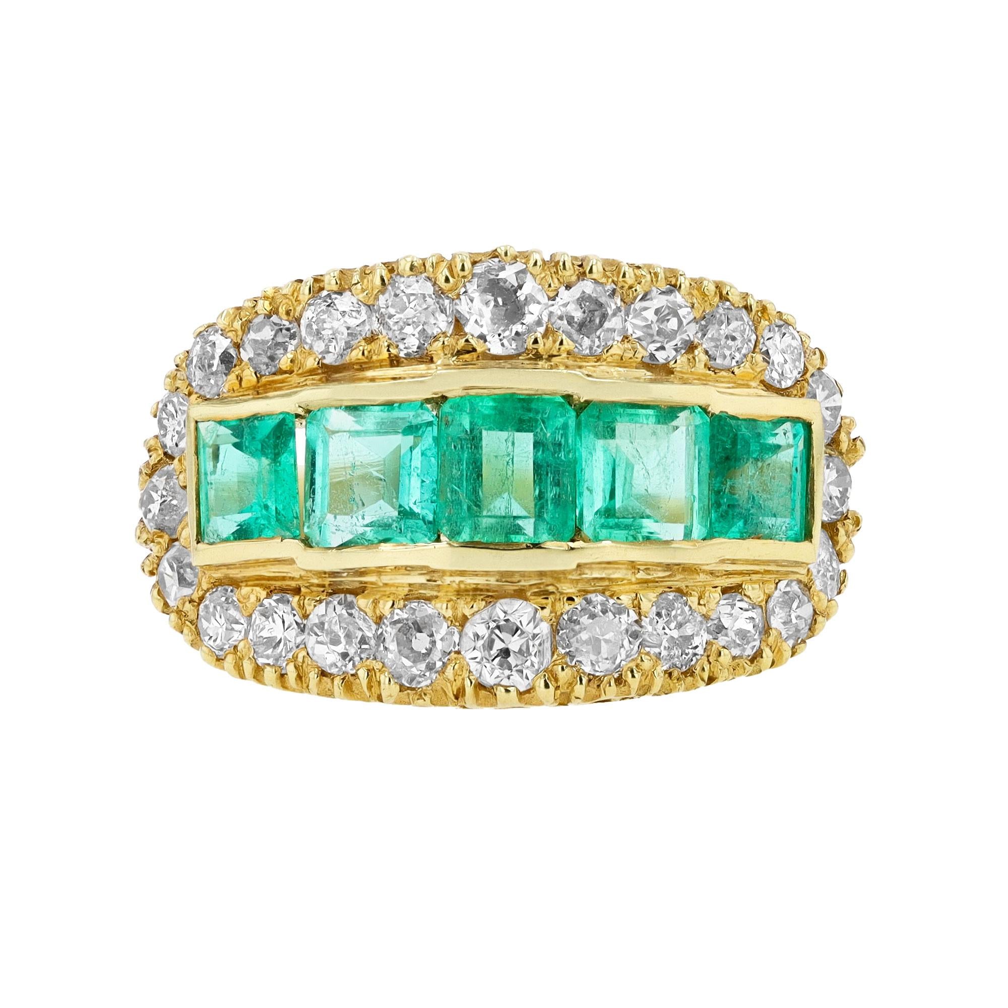 Retro Colombian Emerald and Diamond 18k Yellow Gold Wide Band Ring