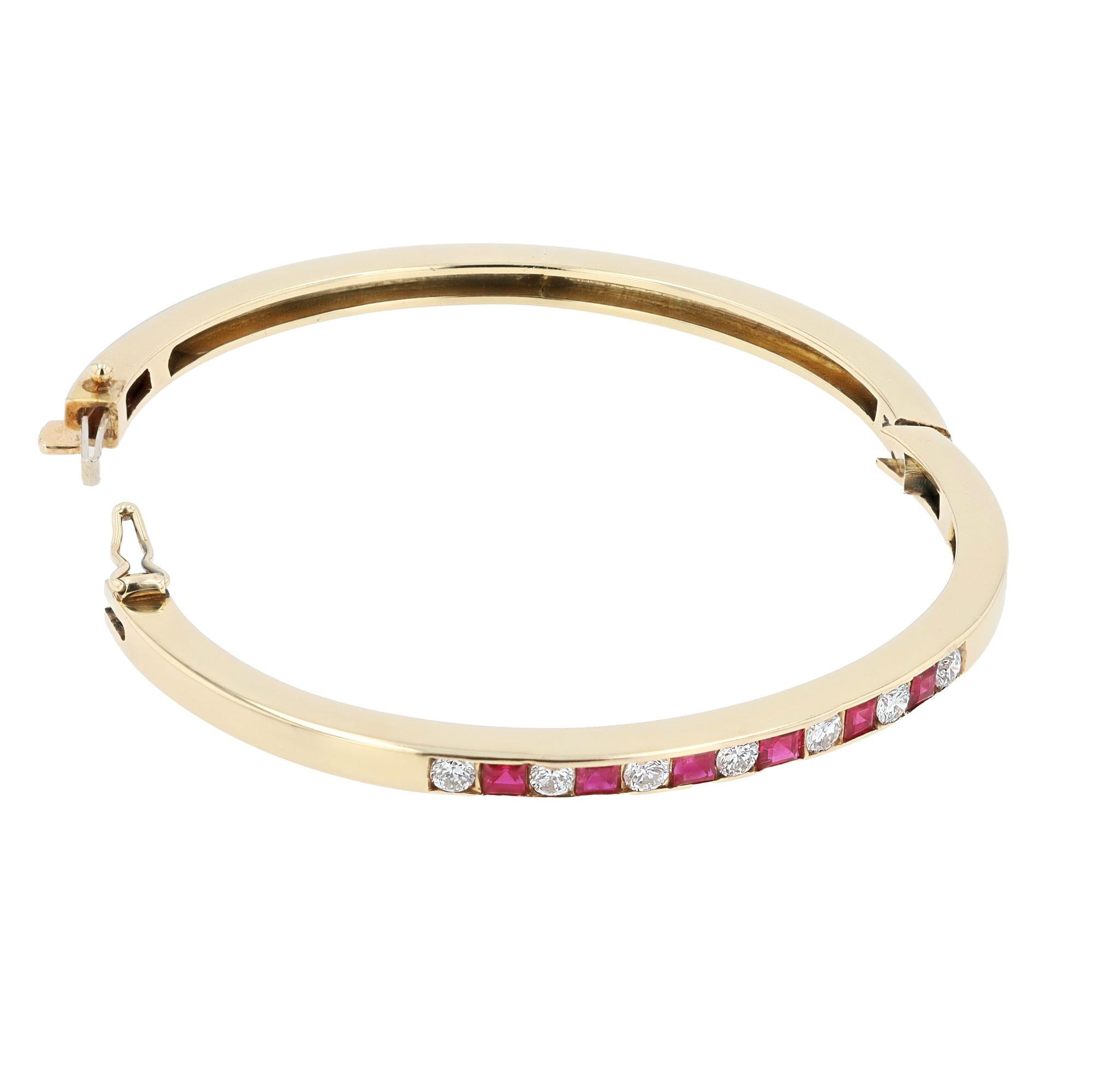 Estate Ruby and Diamond 14k Gold Bangle Bracelet