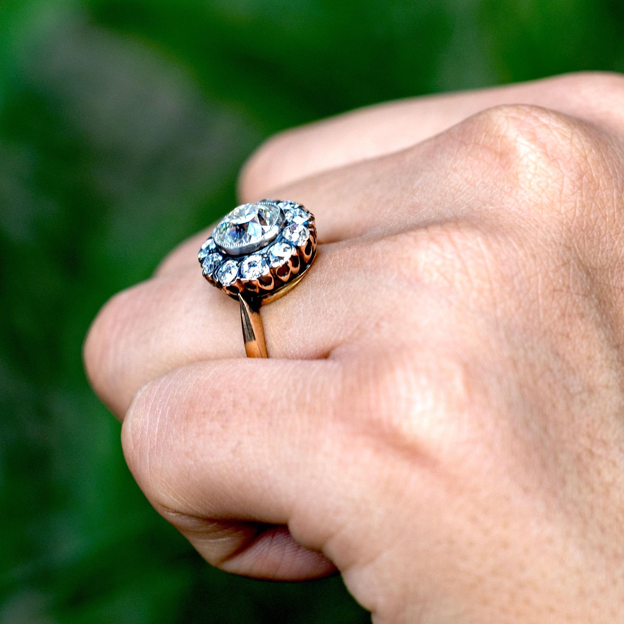 Chunky Antique 1.83 Carat Old Mine Diamond Halo 18K Victorian Cluster Ring