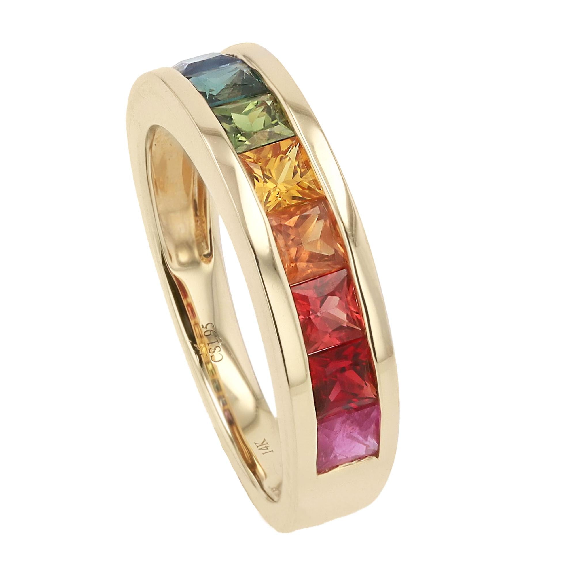 RDY Multi Color Rainbow Sapphire Yellow Gold Wedding Band