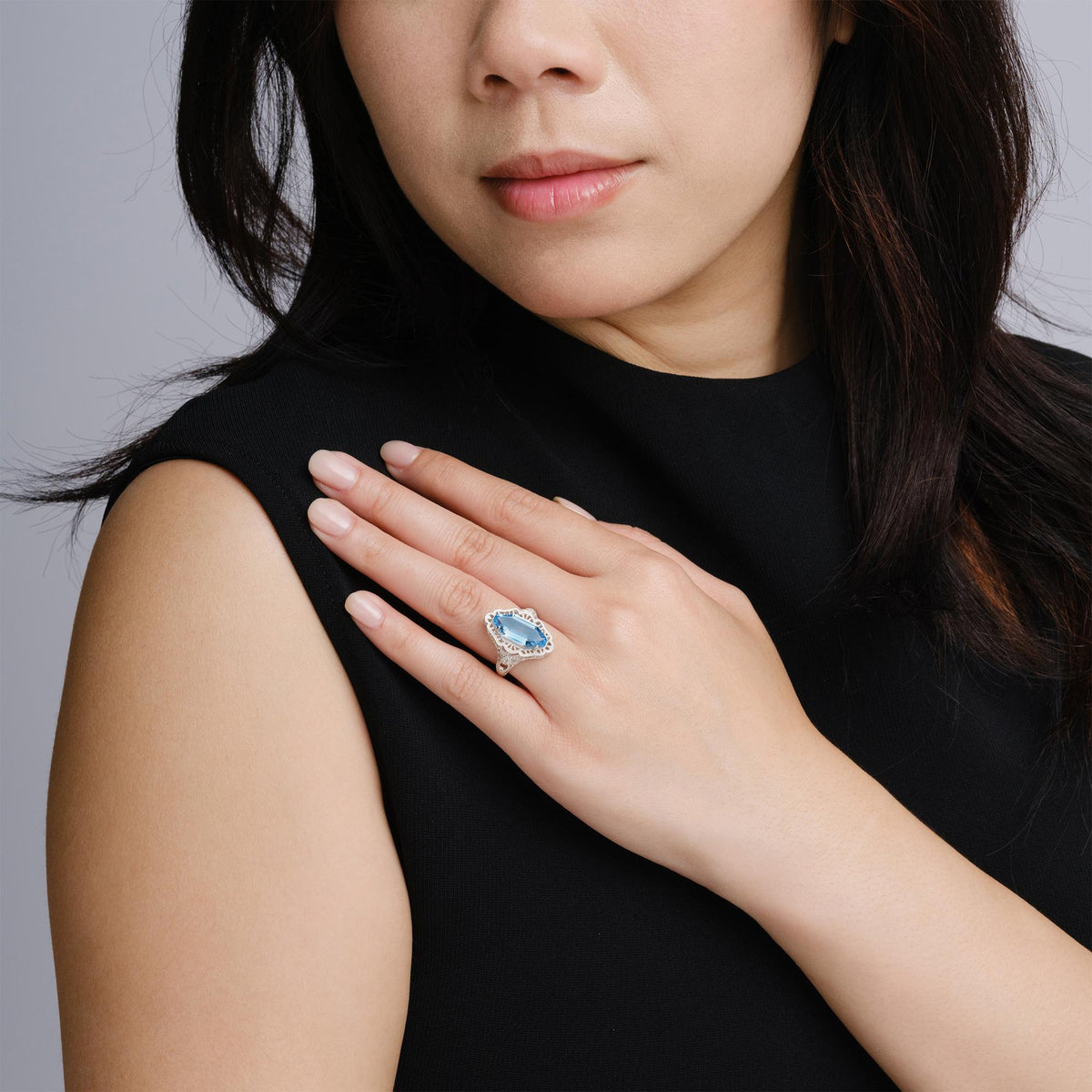 Vintage 4.20 Carat Blue Topaz Filigree Art Deco Revival Dinner Ring