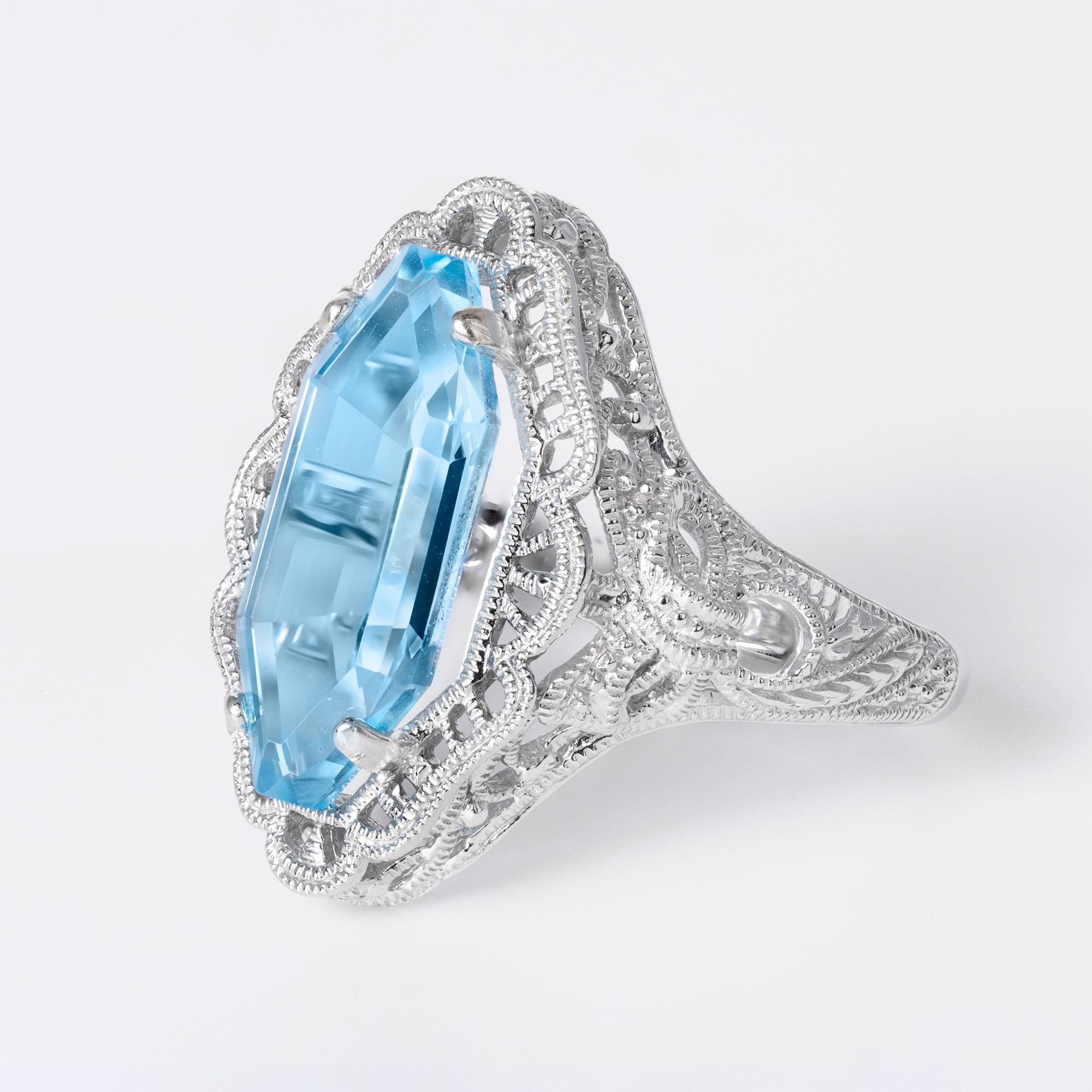 Vintage 4.20 Carat Blue Topaz Filigree Art Deco Revival Dinner Ring
