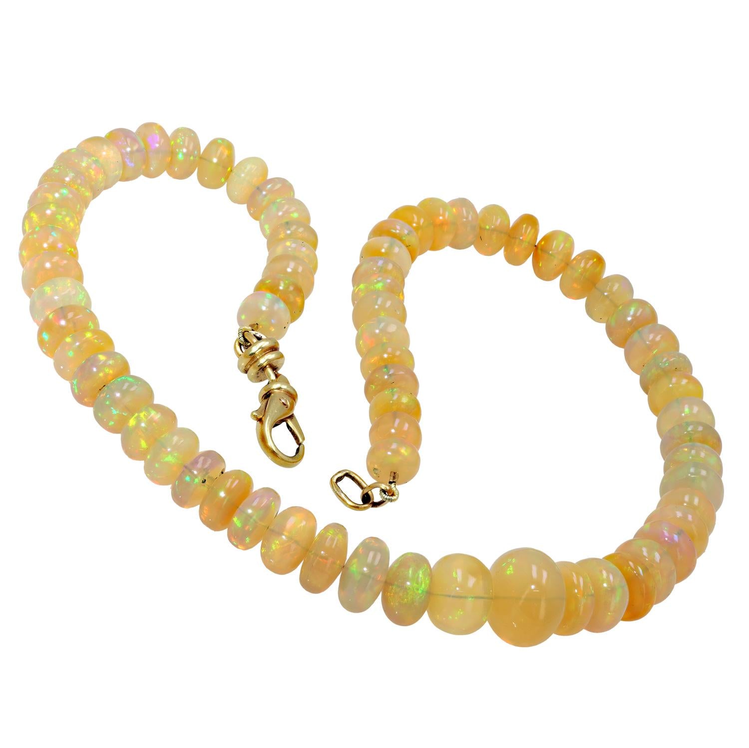 174 Carat Fiery Opal Beads & 14k Gold Strand Necklace