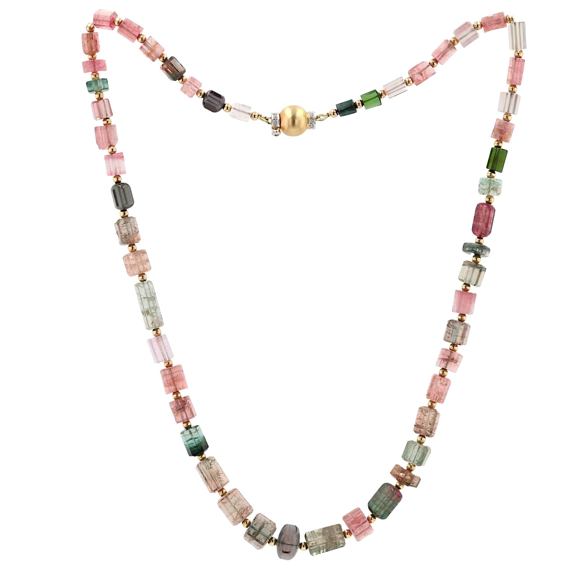 186 Carats Multi-Color Tourmaline & 14k Gold Bead Necklace Strand