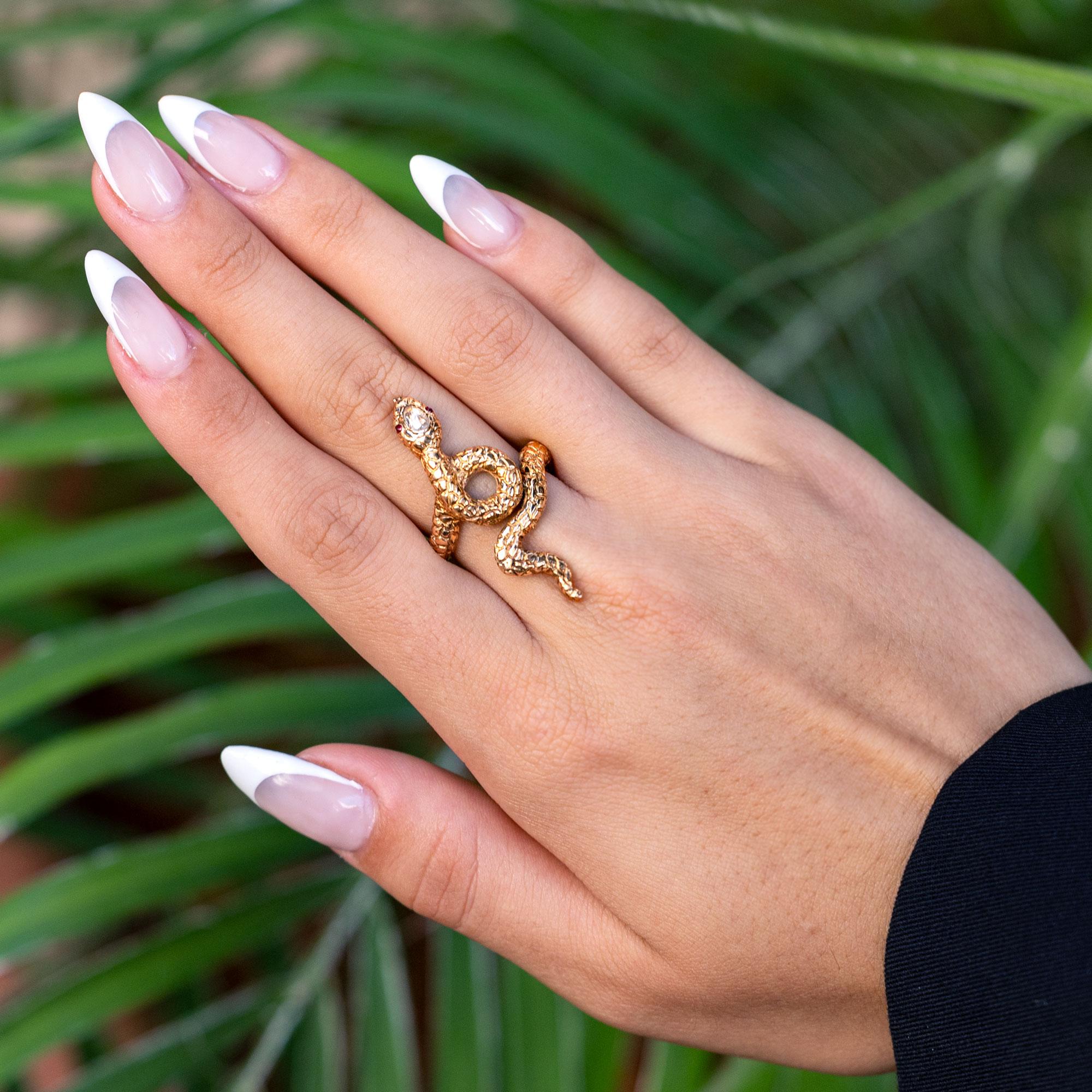 Egyptian Revival Rose Cut Diamond 18k Rose Gold Snake Ring