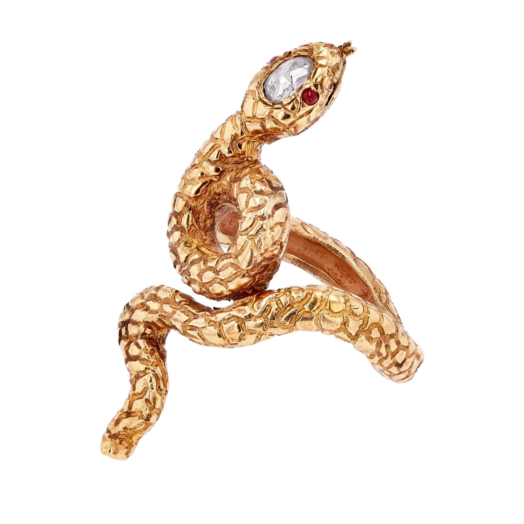 Egyptian Revival Rose Cut Diamond 18k Rose Gold Snake Ring