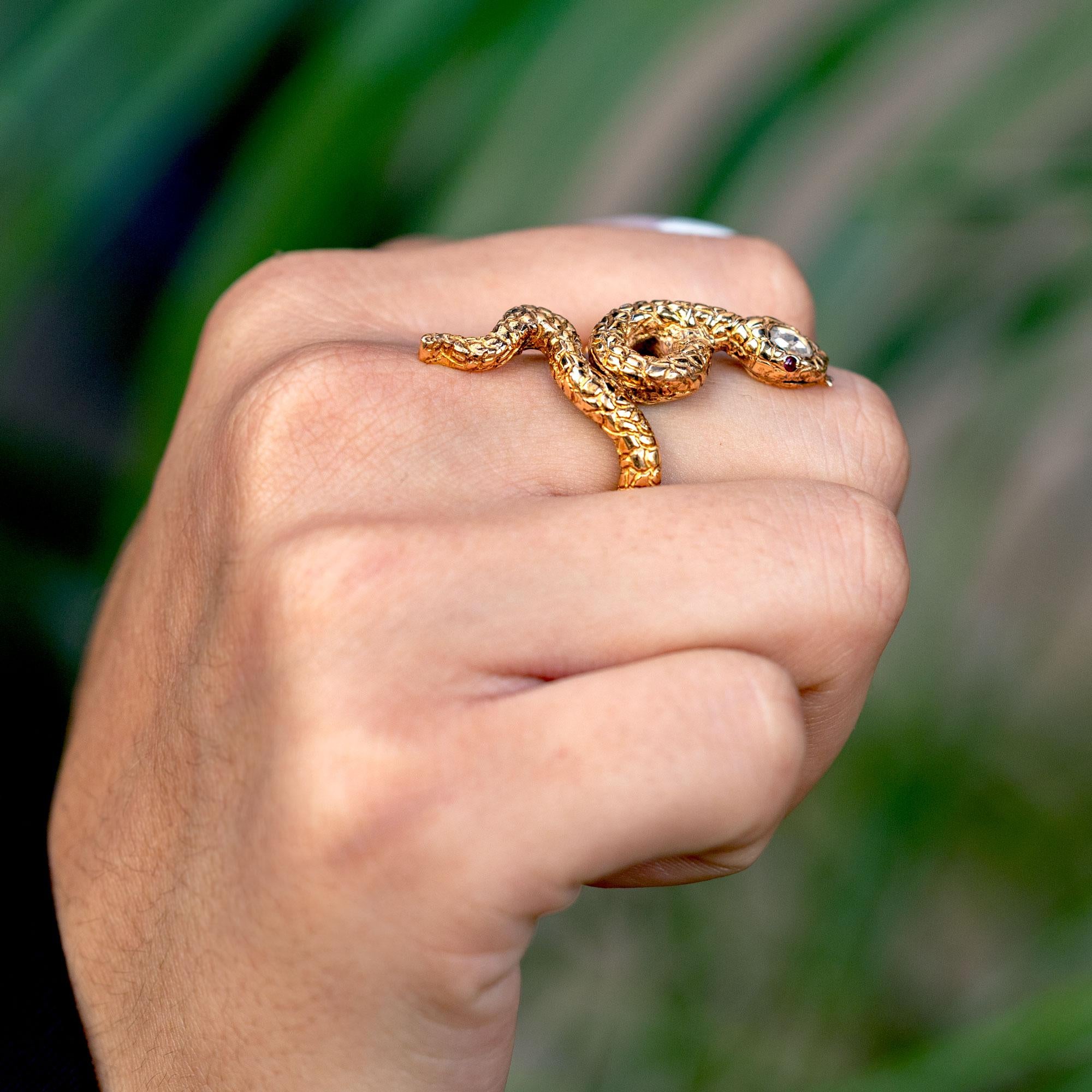 Egyptian Revival Rose Cut Diamond 18k Rose Gold Snake Ring