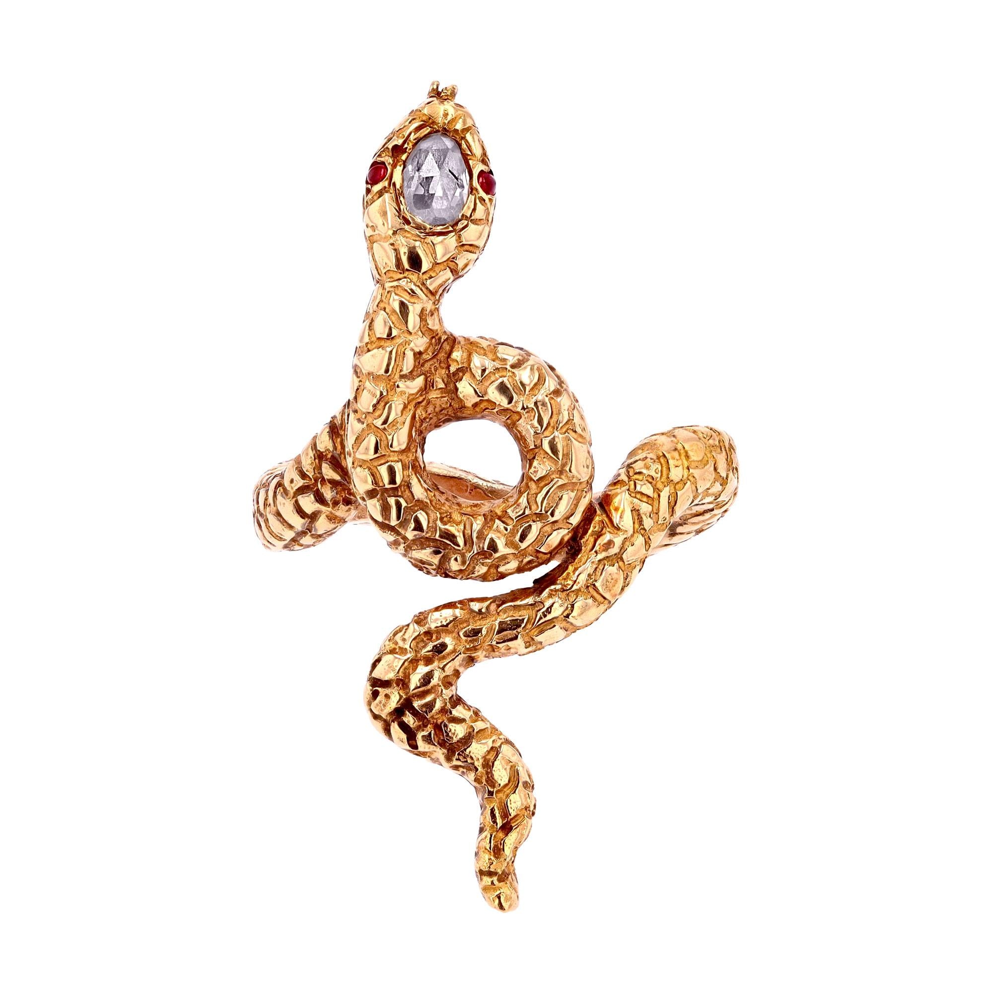 Egyptian Revival Rose Cut Diamond 18k Rose Gold Snake Ring