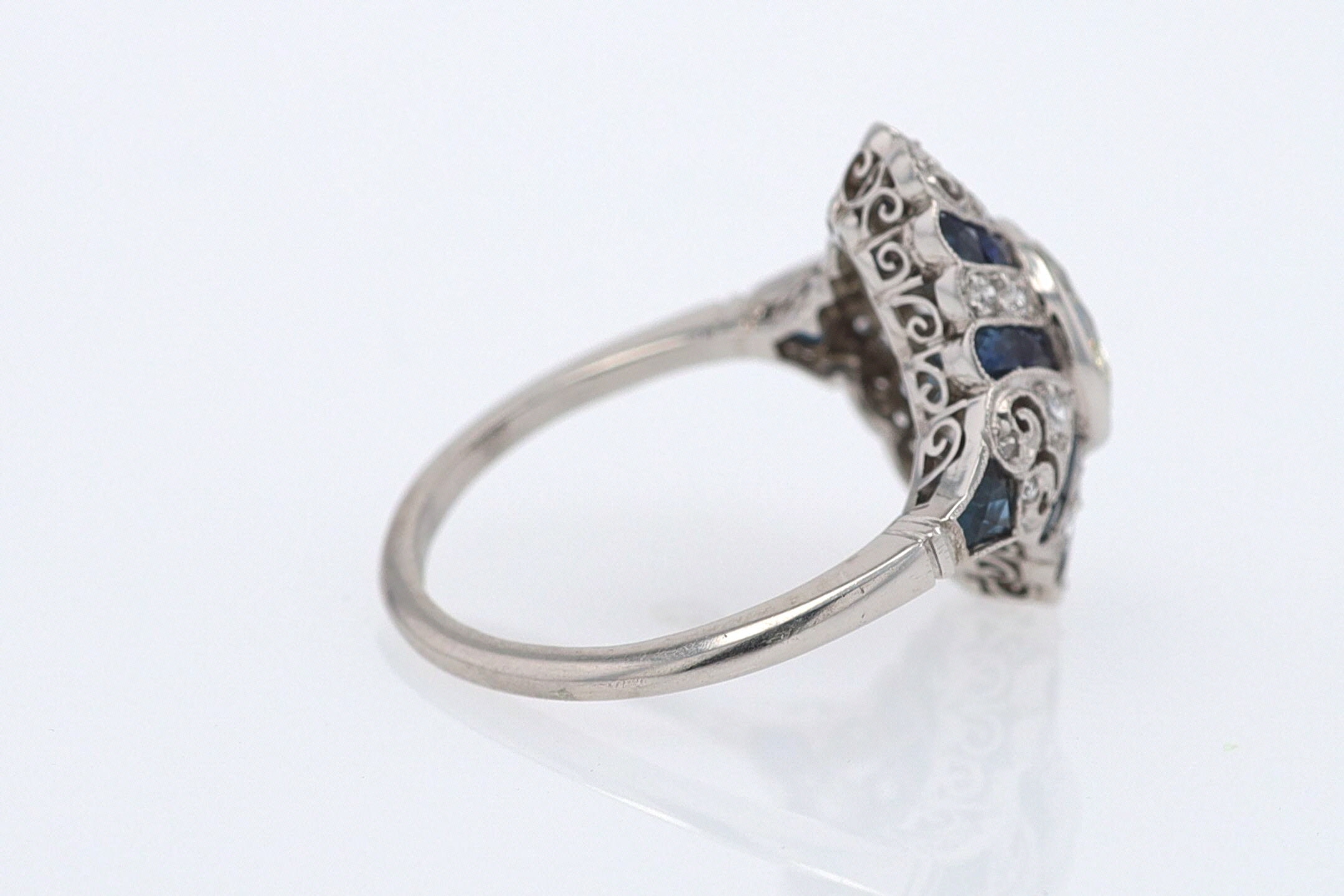 1.52 Carat Art Deco Style Diamond & Sapphire Engagement Ring