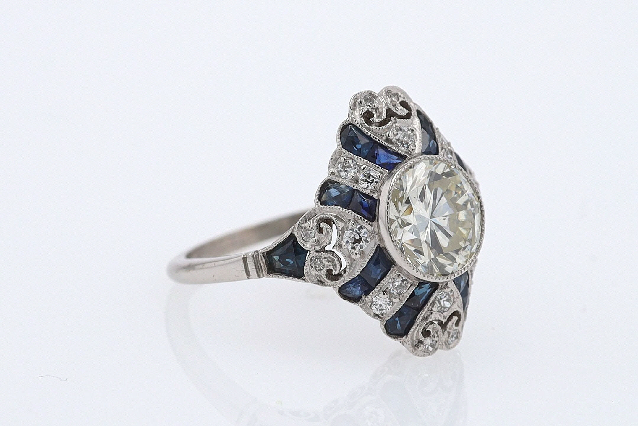 1.52 Carat Art Deco Style Diamond & Sapphire Engagement Ring