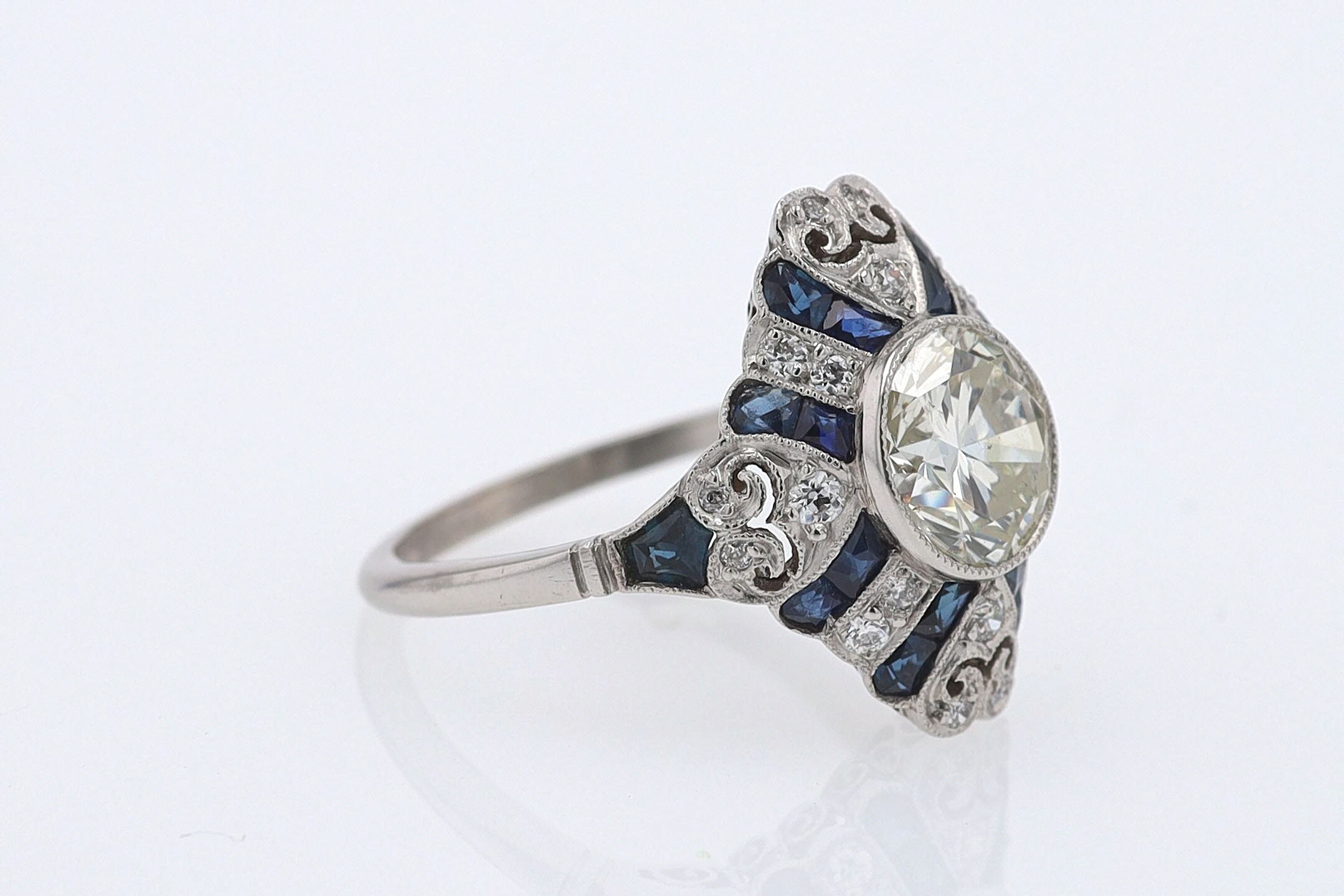 1.52 Carat Art Deco Style Diamond & Sapphire Engagement Ring
