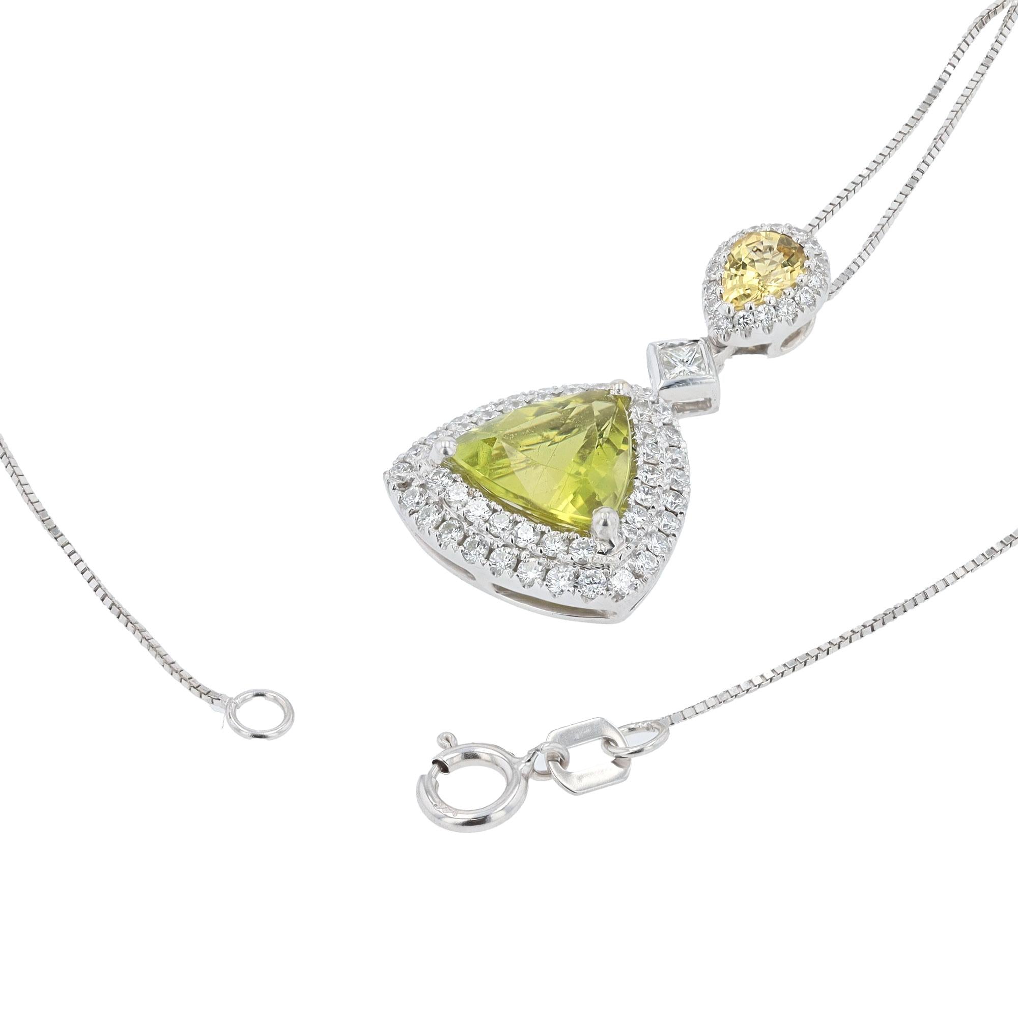 Vivid Green 2 Carat Tourmaline and Diamond 18k White Gold Drop Necklace